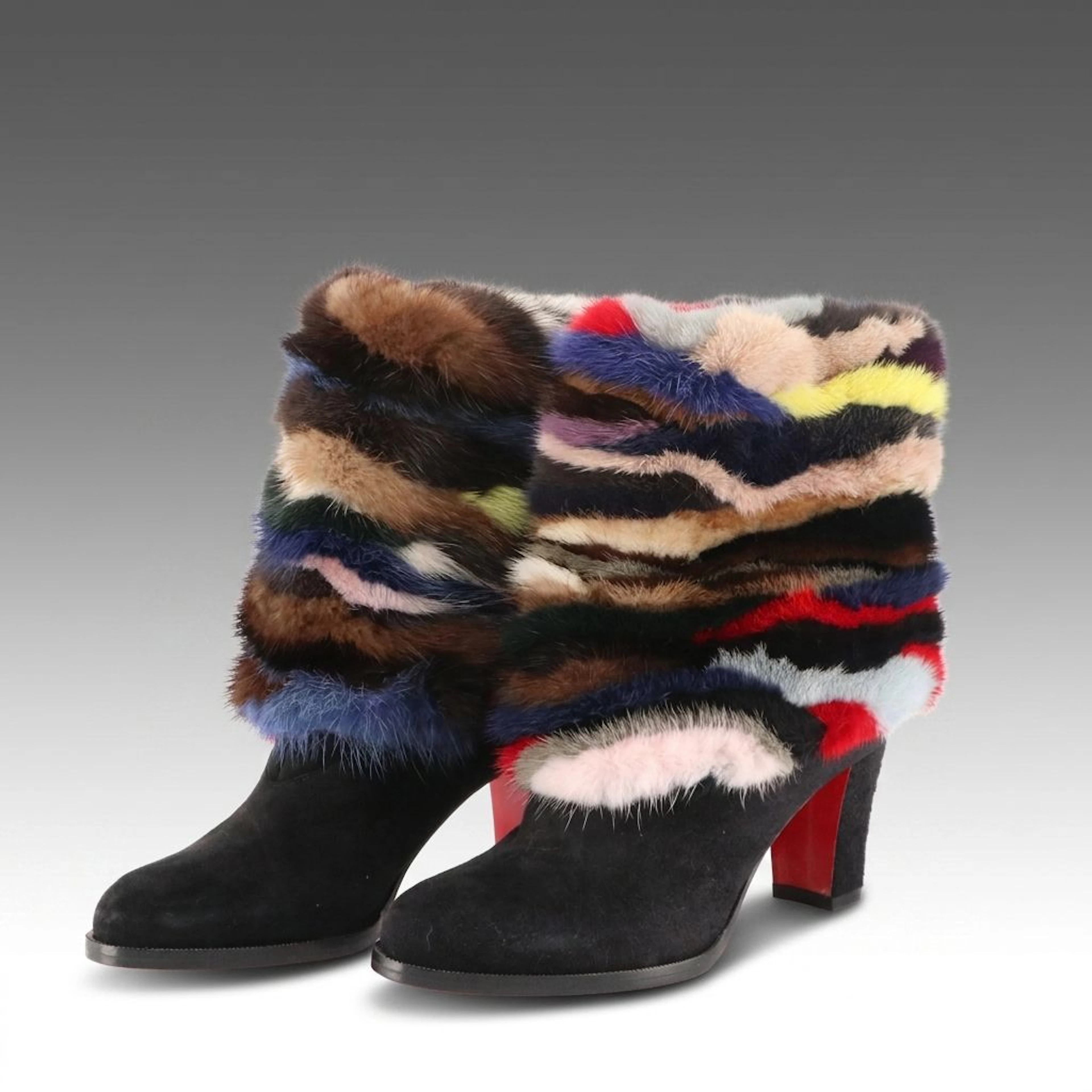 Christian Louboutin Multicolor Mink and Black Suede Alexandra 70 Booties