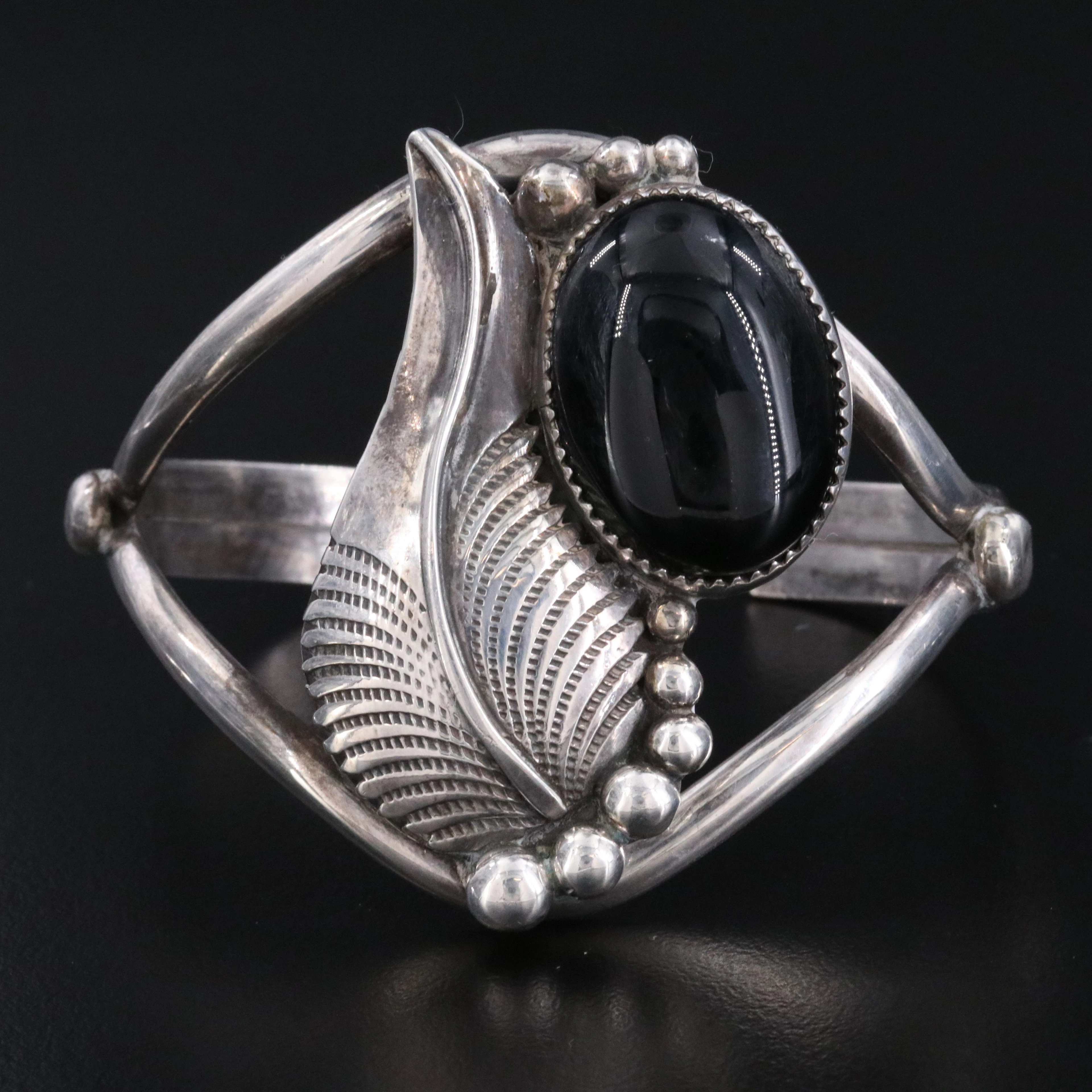 Southwestern Sterling Obsidian Feather Cuff Bracelet