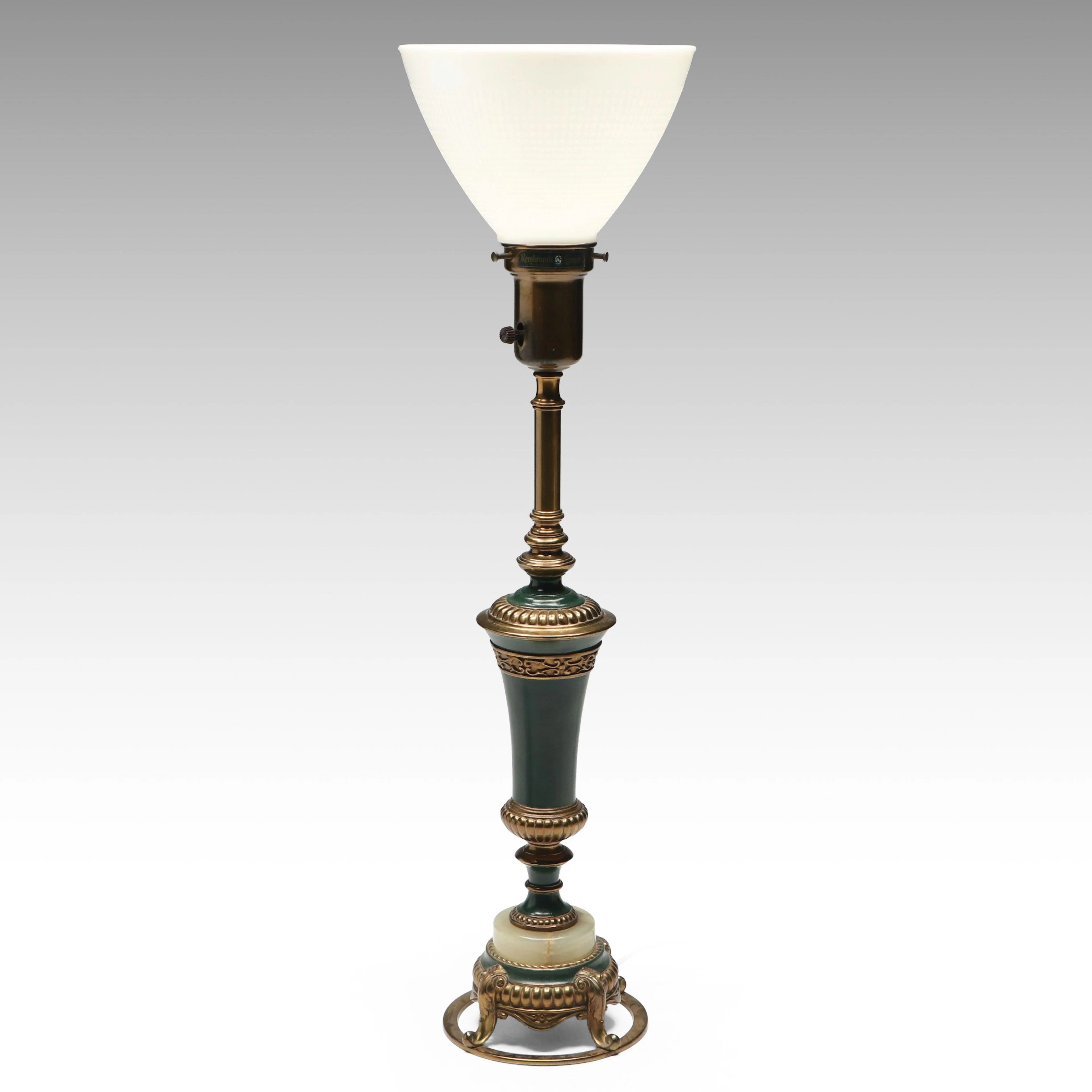 Rembrandt Hollywood Regency Brass Torchiere Table Lamp with Milk Glass Shade