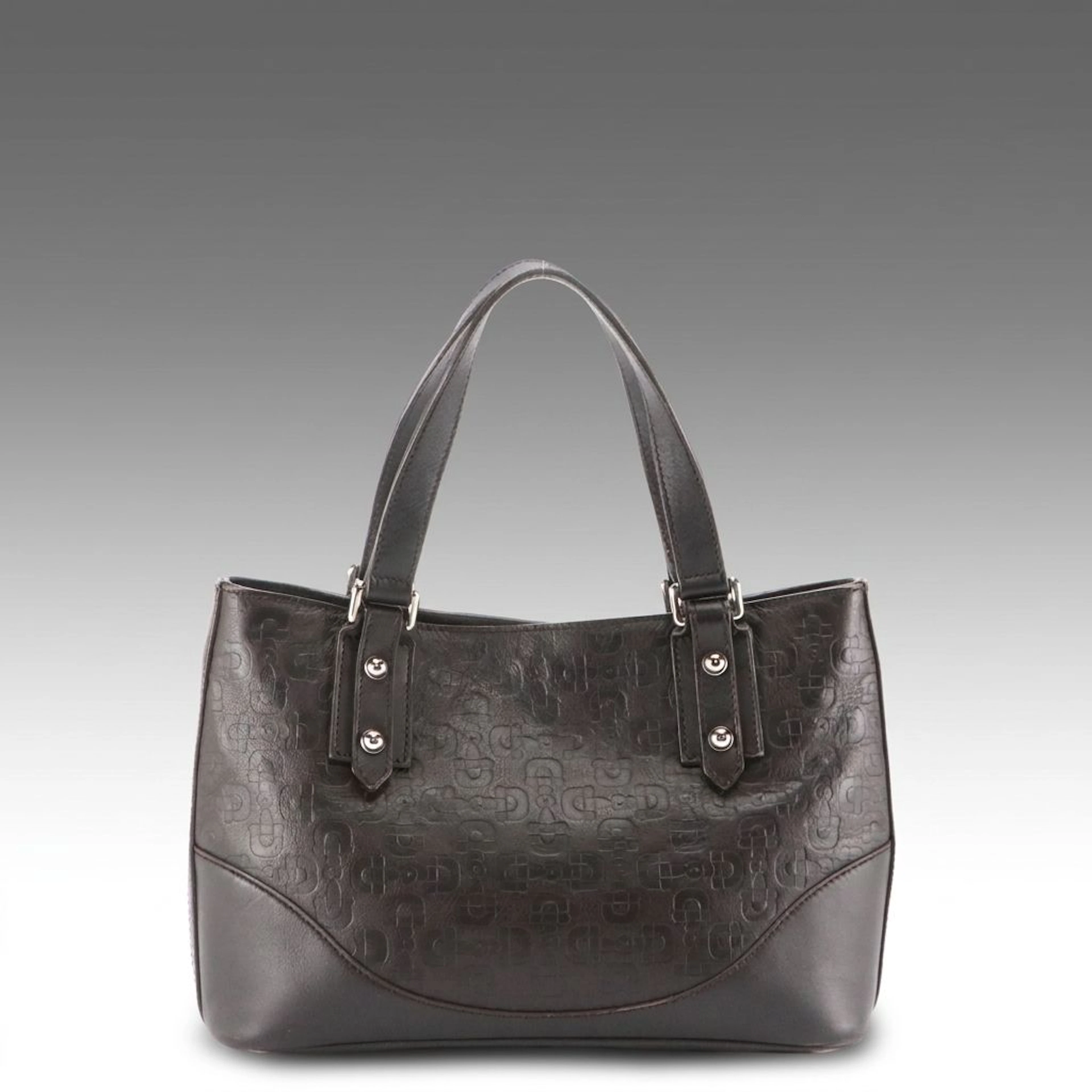 Gucci Black Horsebit Debossed Calfskin Grain Leather Tote Bag