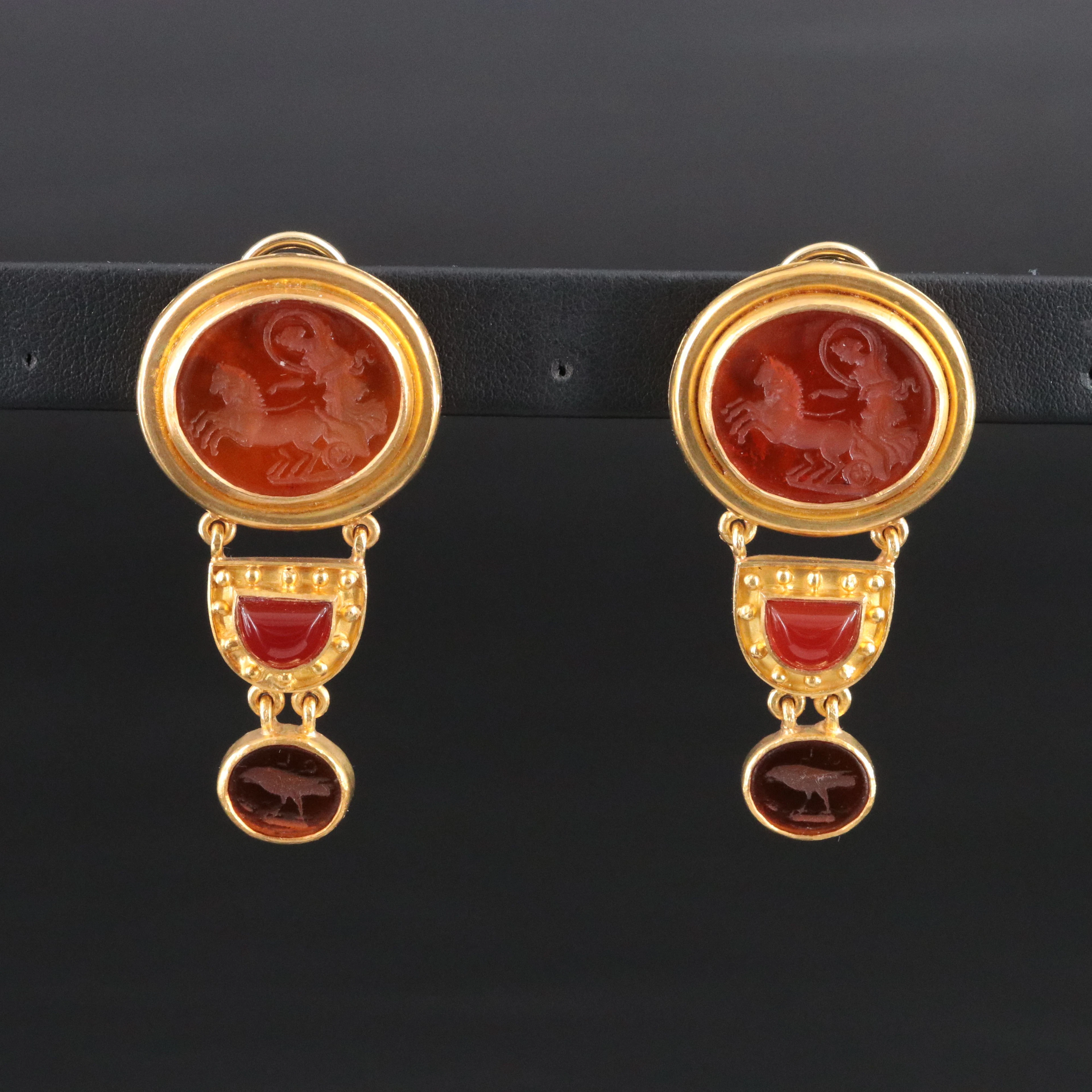 Elizabeth Locke 19K Intaglio Glass, Mother-of-Pearl and Carnelian Drop Earrings