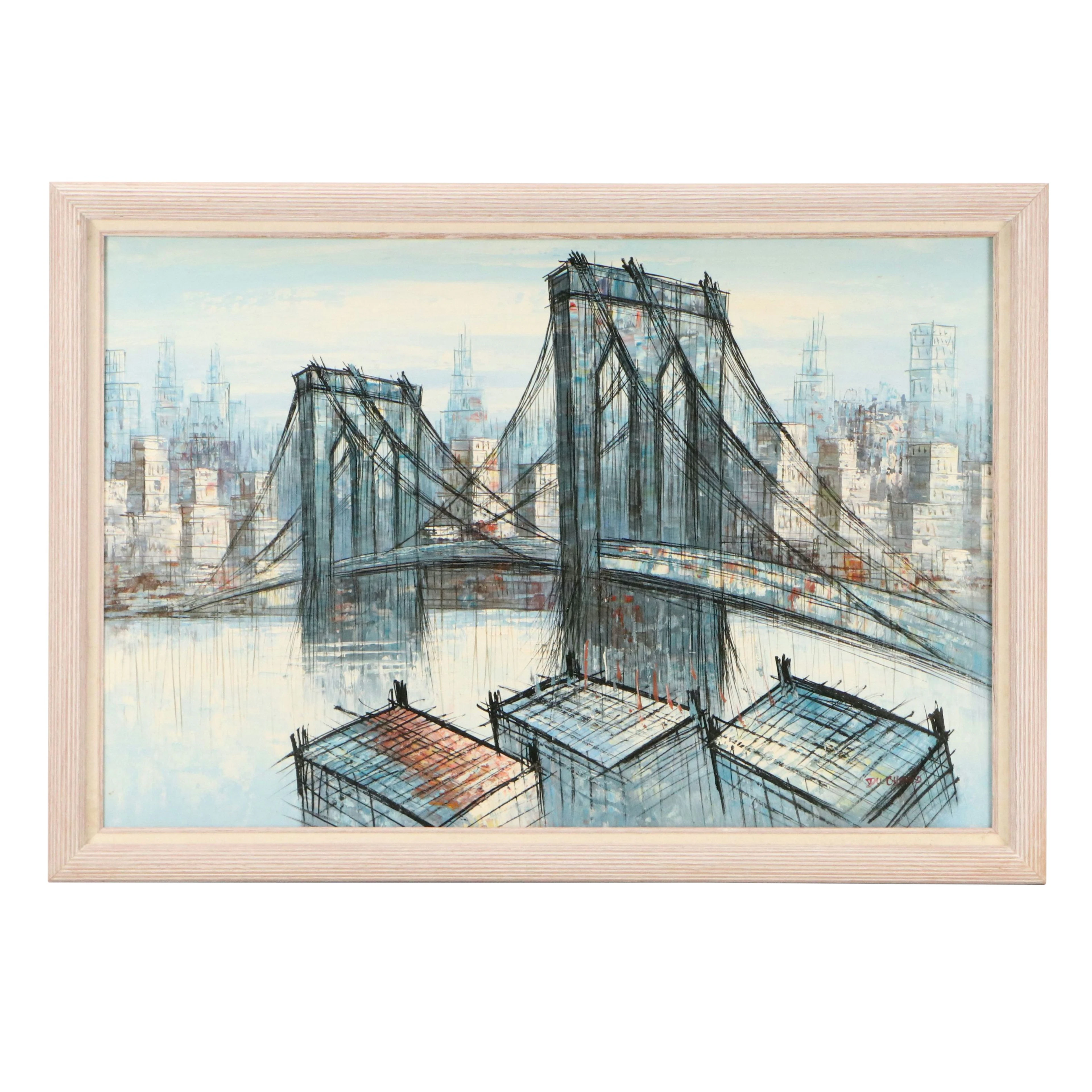 H. Duchamp Oil Painting of the Brooklyn Bridge, Mid-20th Century
