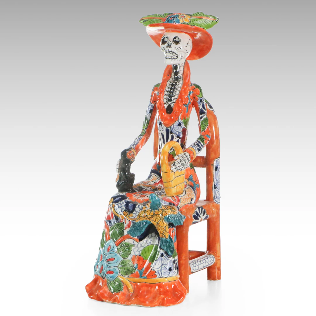 Folk Art Día de los Muertos Seated Skeleton Ceramic Décor