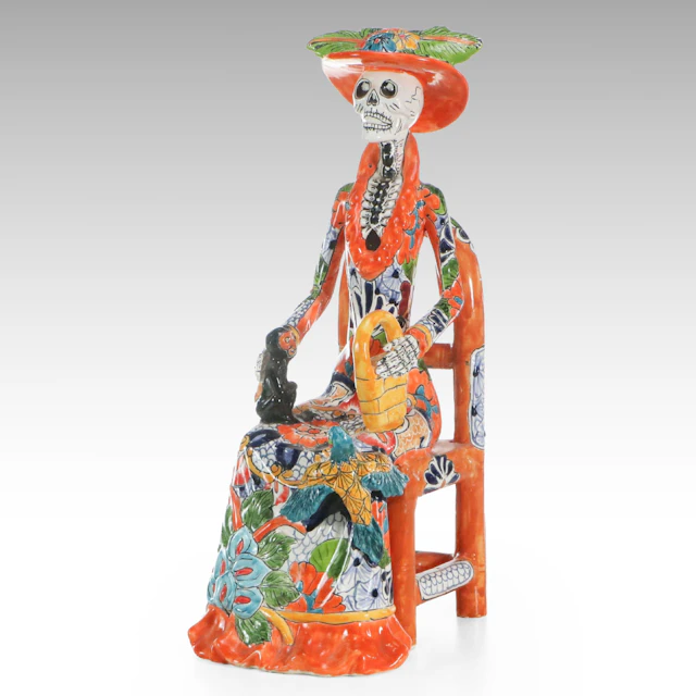 Folk Art Día de los Muertos Seated Skeleton Ceramic Décor