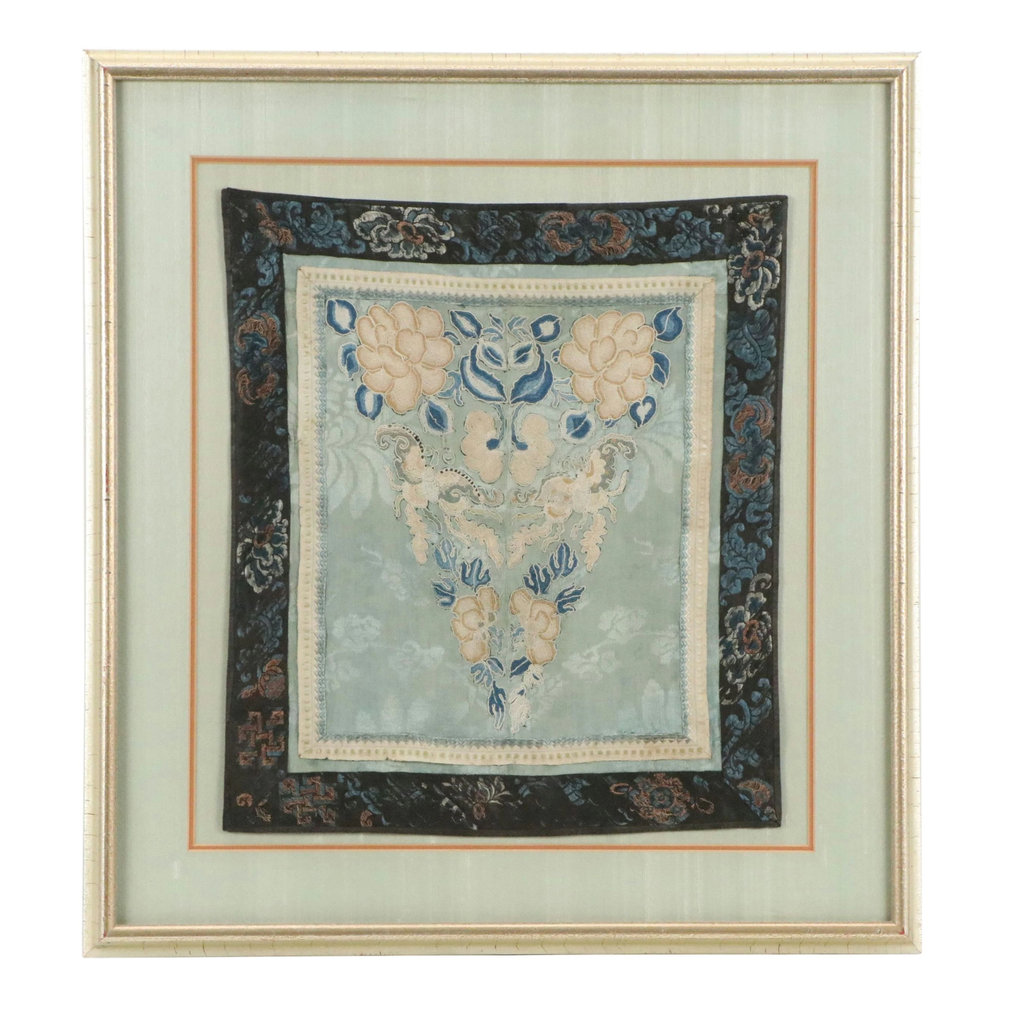 Chinese Silk Floral Needlework Embroidery Panel, Early 20th Century