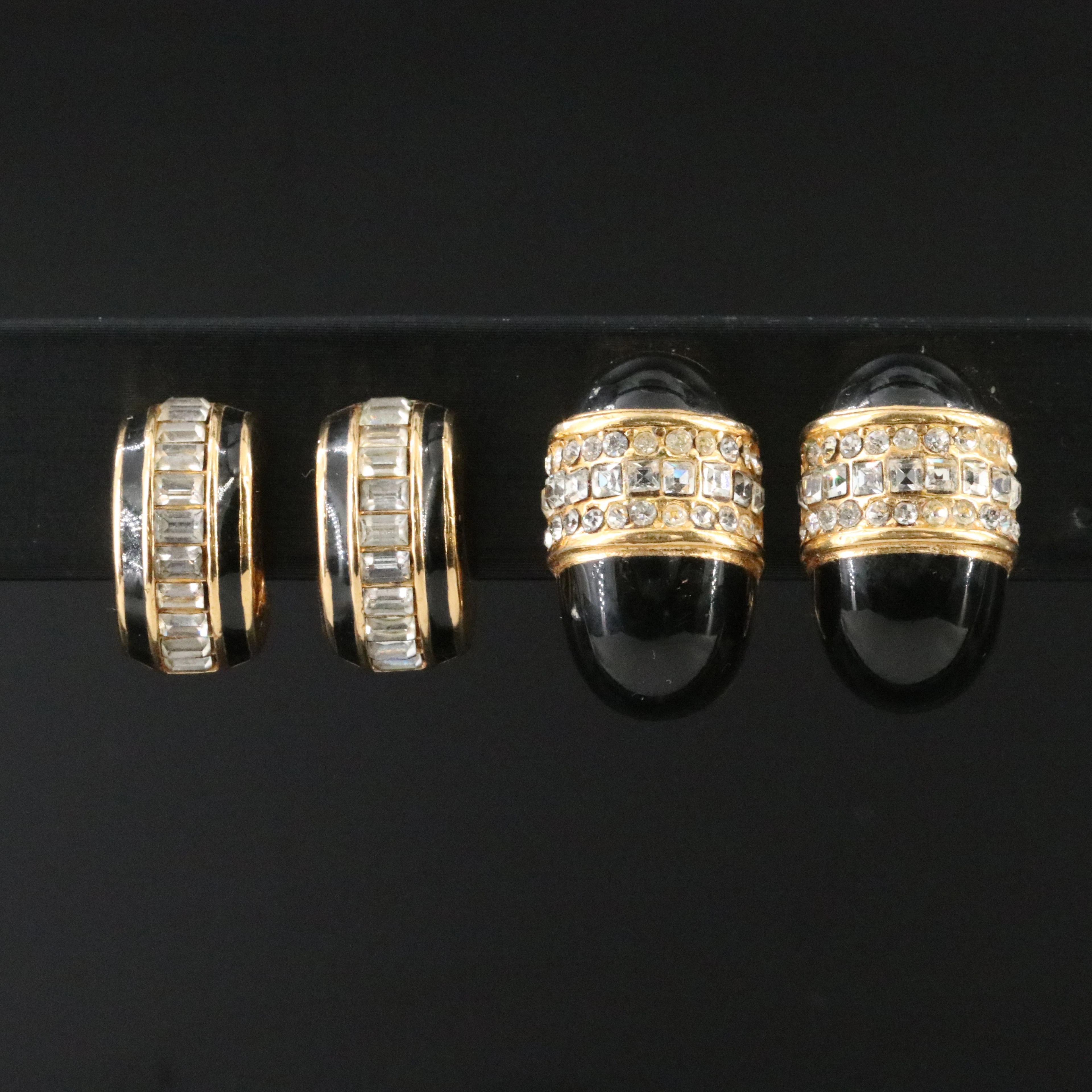 Christian Dior Crystal and Black Enamel Clip Earrings