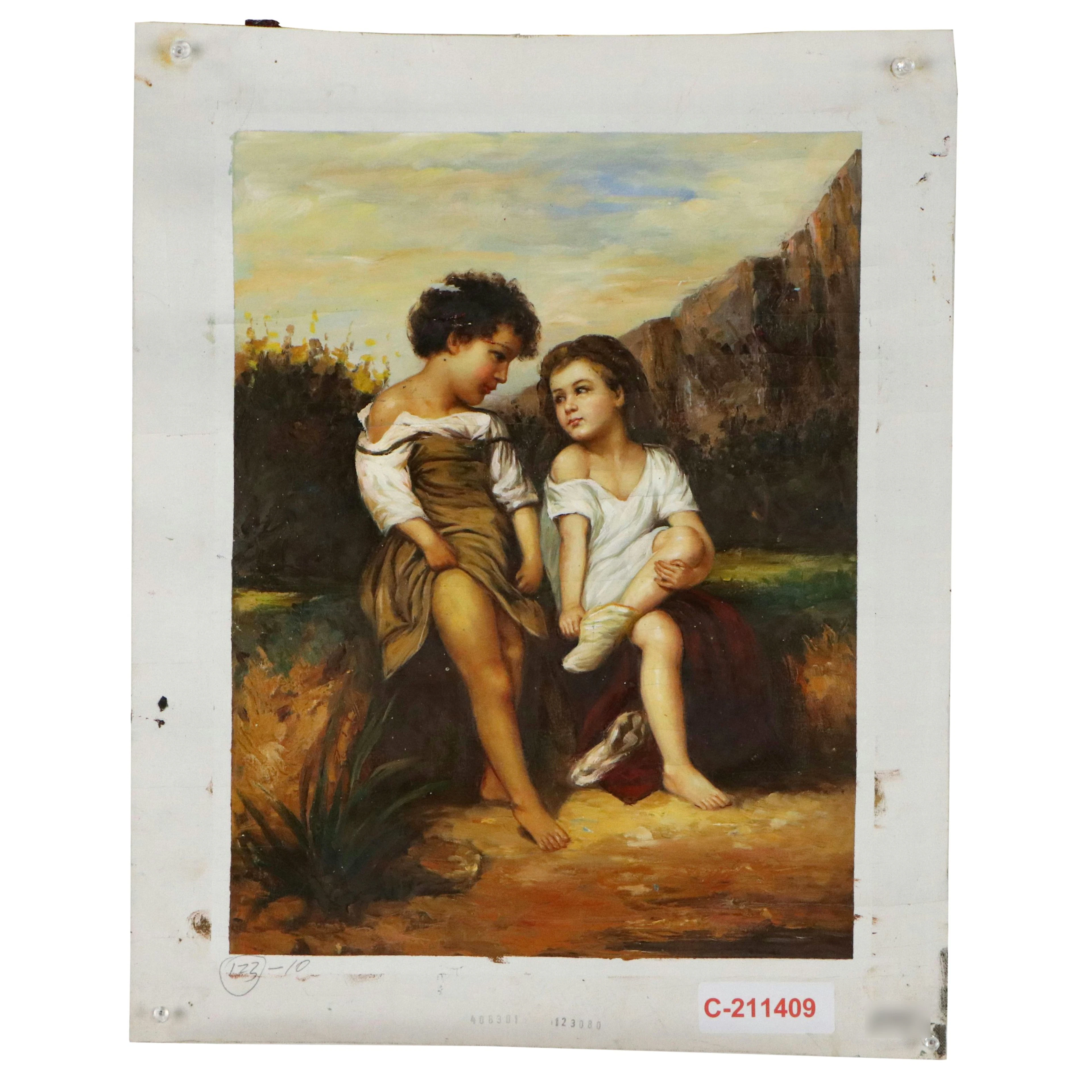 Oil Painting After William Bouguereau "Au Bord du Ruisseau," Late 20th Century