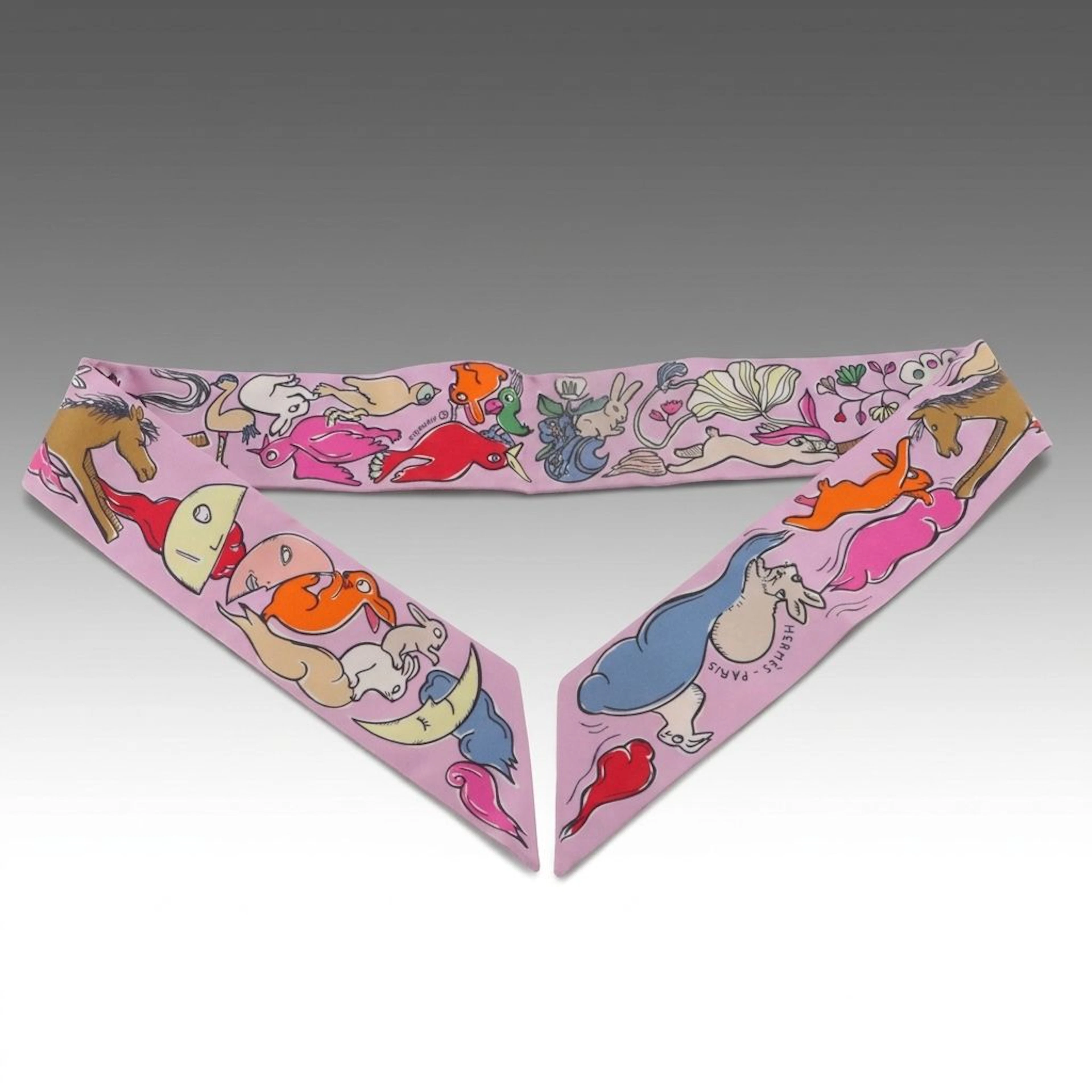 Hermès "Mille et Un Lapins" Pink Silk Twilly Scarf, With Tags