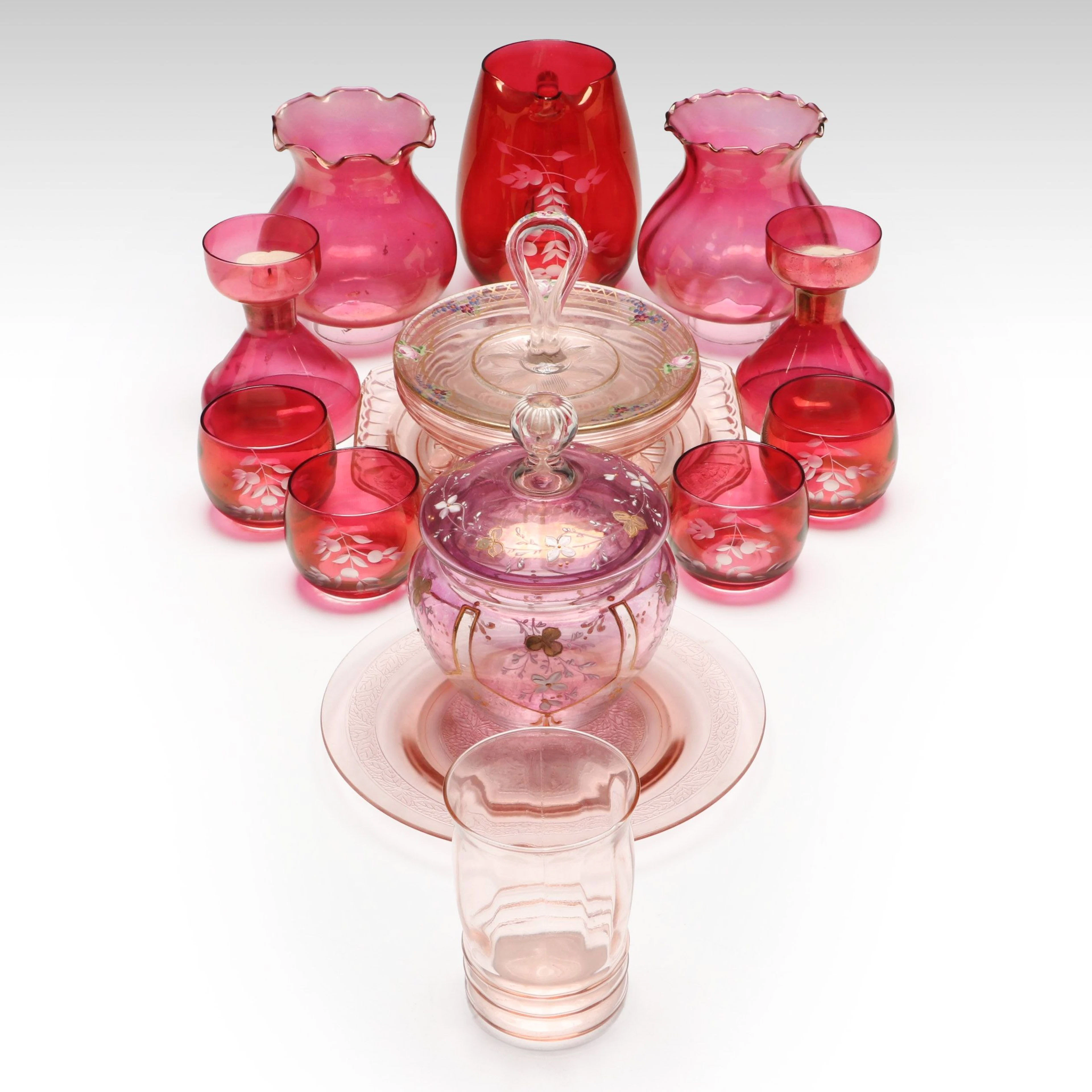 Bohemian Style Cranberry to Clear Cut Glass Pitcher and Cups with