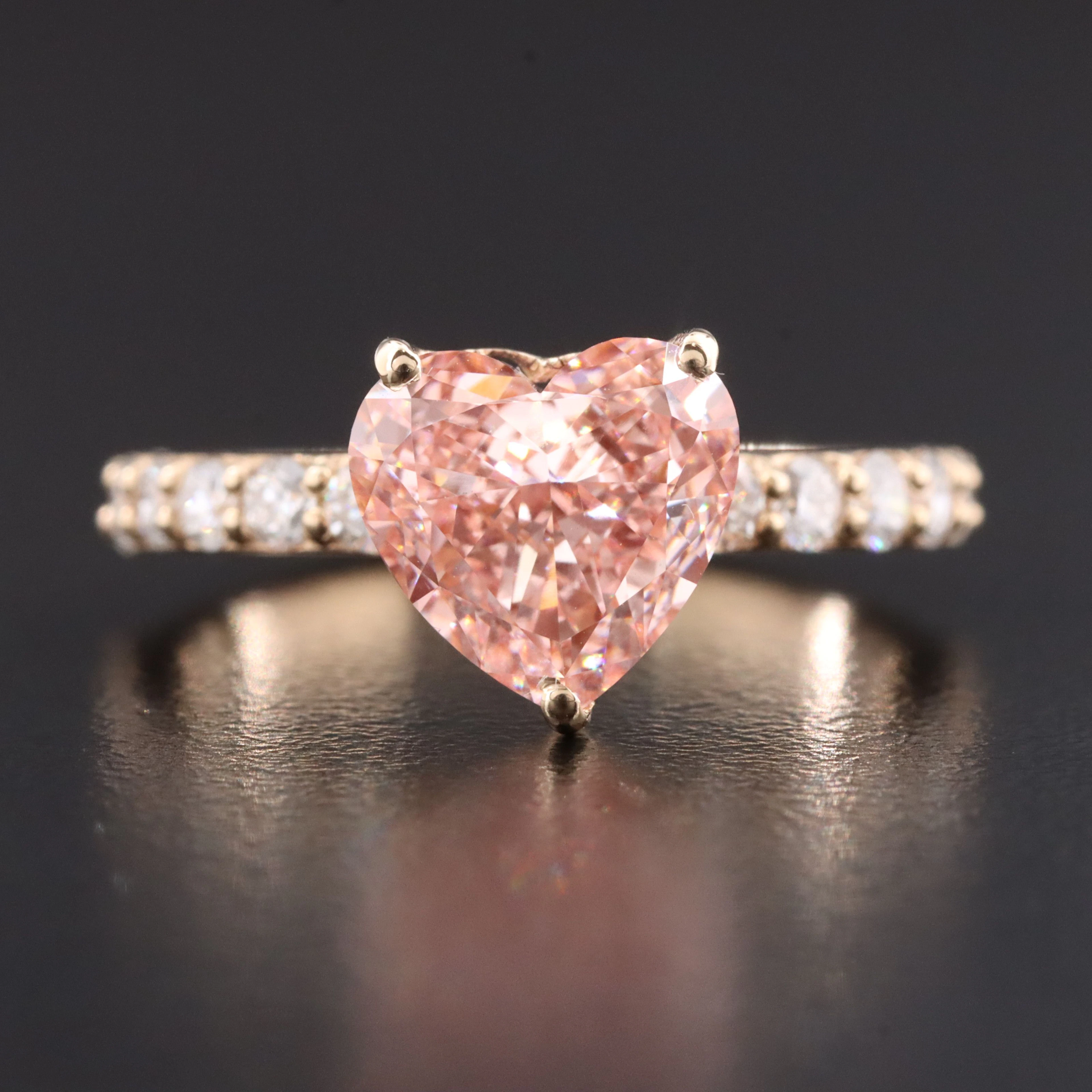 14K 3.59 CTW Lab Grown Diamond Ring with Fancy Vivid Pink Center and IGI Report