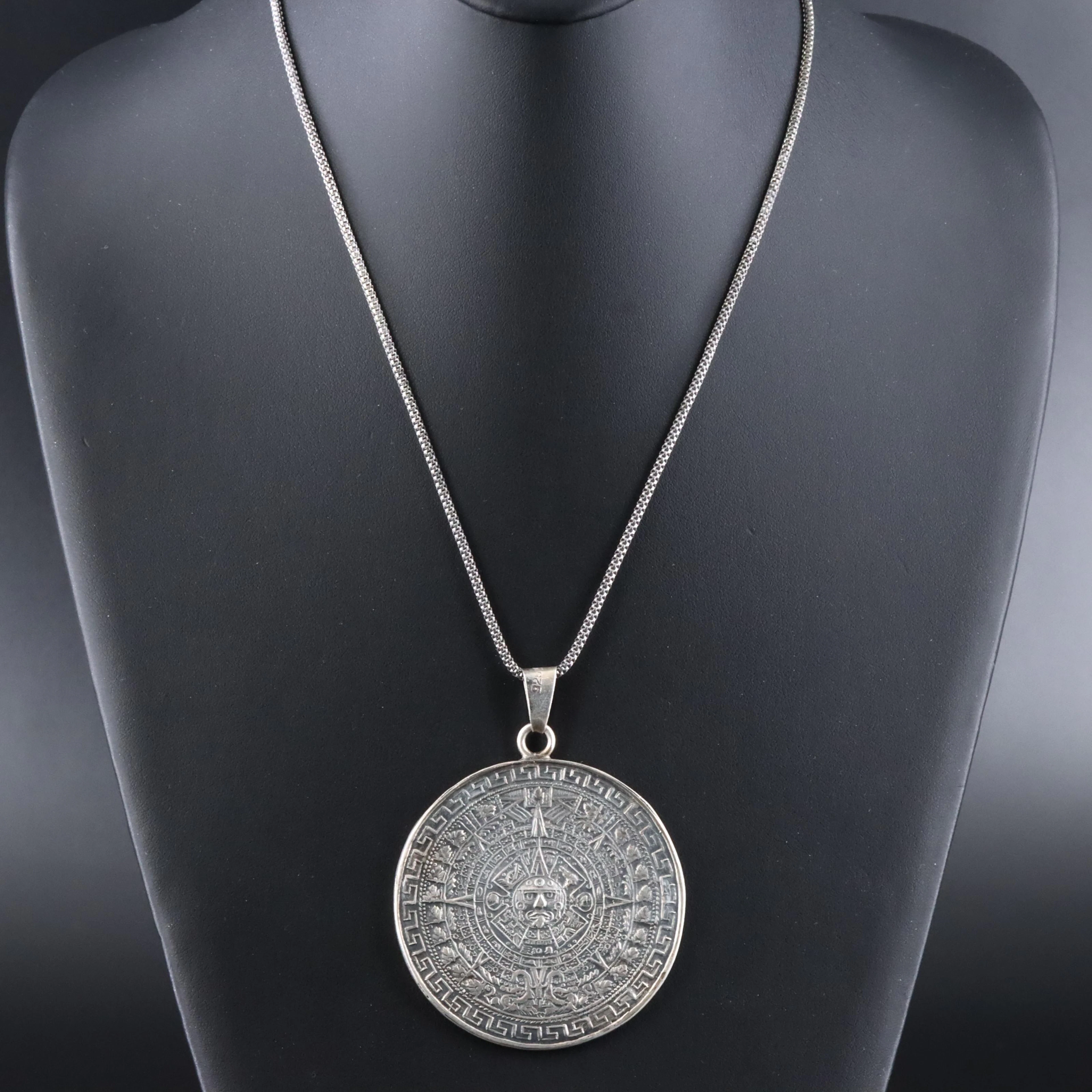 Mexican Sterling Aztec Calendar Pendant on Popcorn Chain Necklace