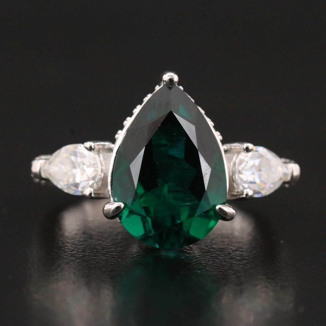 Sterling Emerald and Moissanite Ring