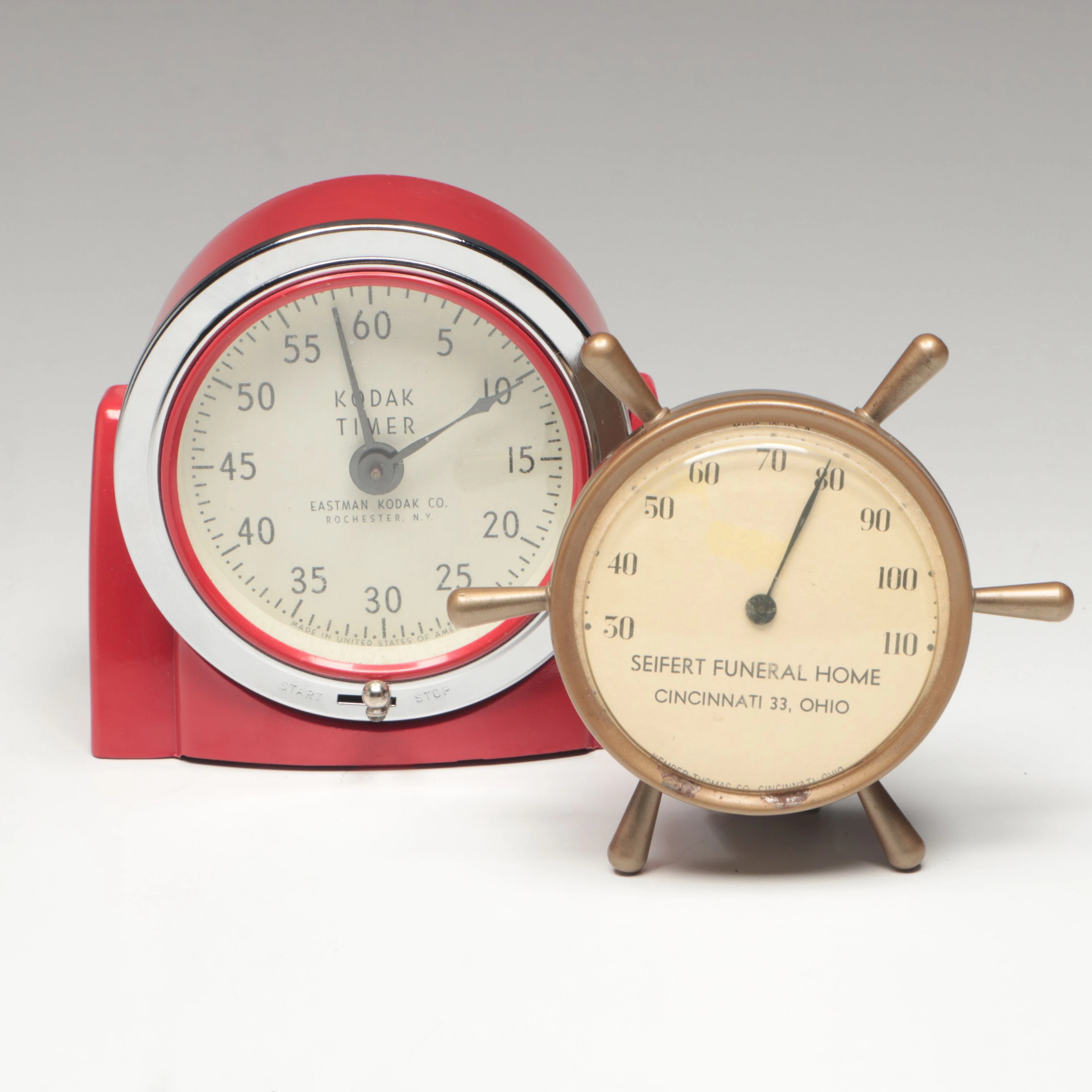 Eastman Kodak Mid-Century Timer with Kemper-Thomas Co. Desk Clock