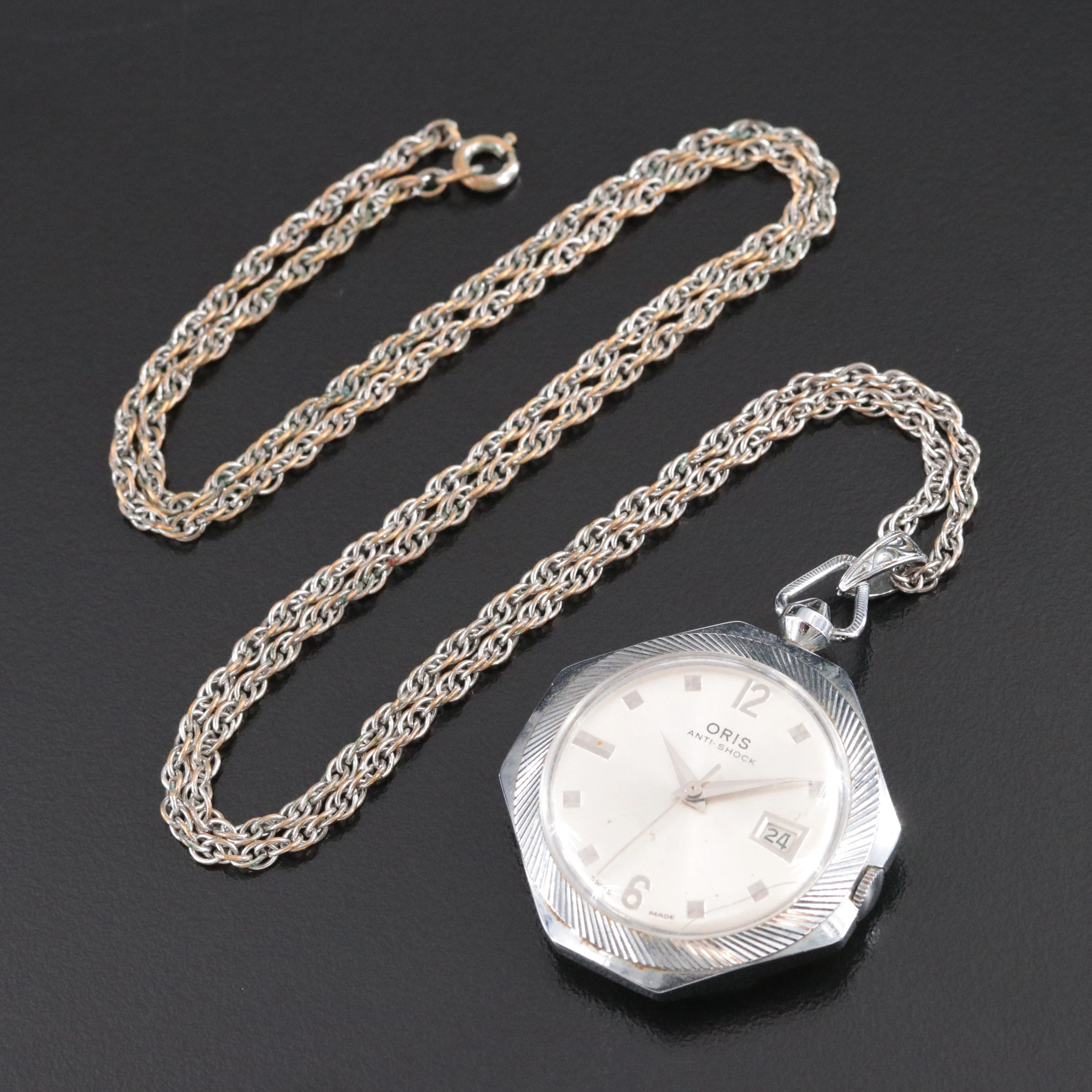Vintage Oris Anti Shock Stainless Steel Octagon Stem Wind Pendant Watch
