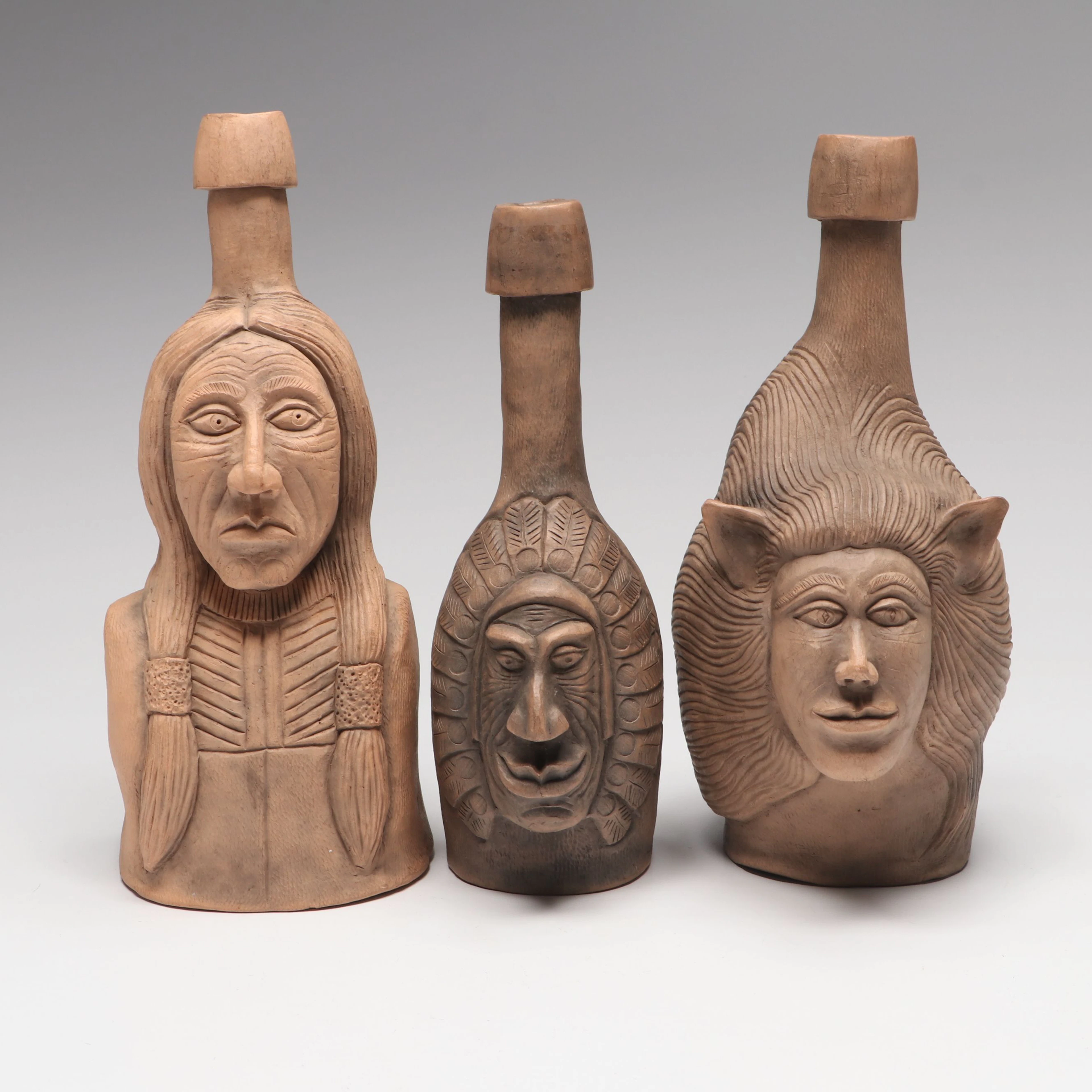 Signed S. Cornett "Sitting Bull" and More Figural Ceramic Bottles