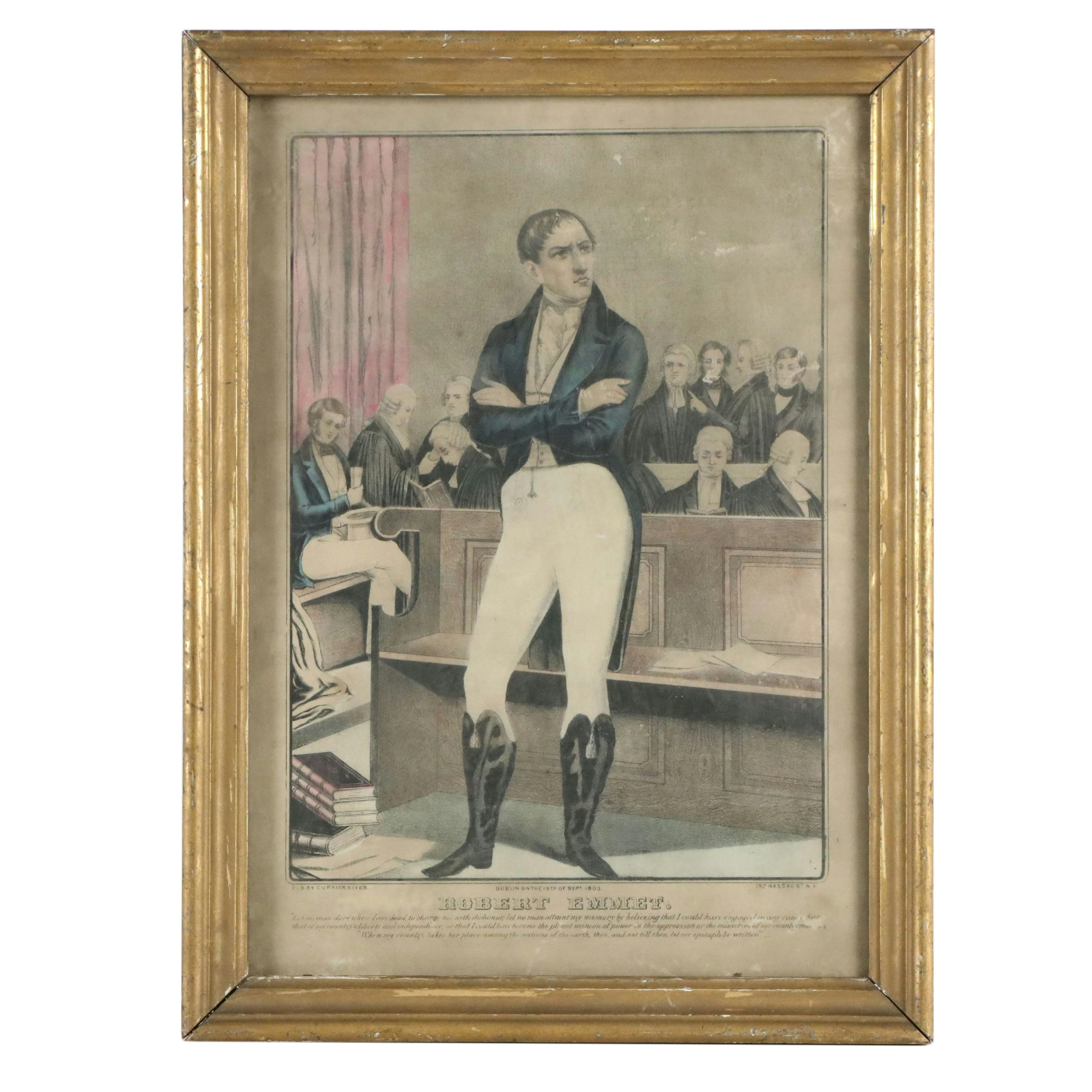 Currier & Ives Hand-Colored Lithograph "The Trial of Robert Emmet"