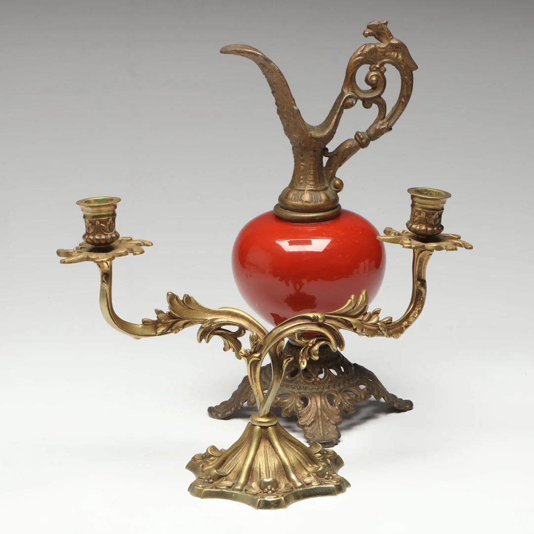 Rococo Style Brass Double-Arm Candelabra with Mantel Ewer