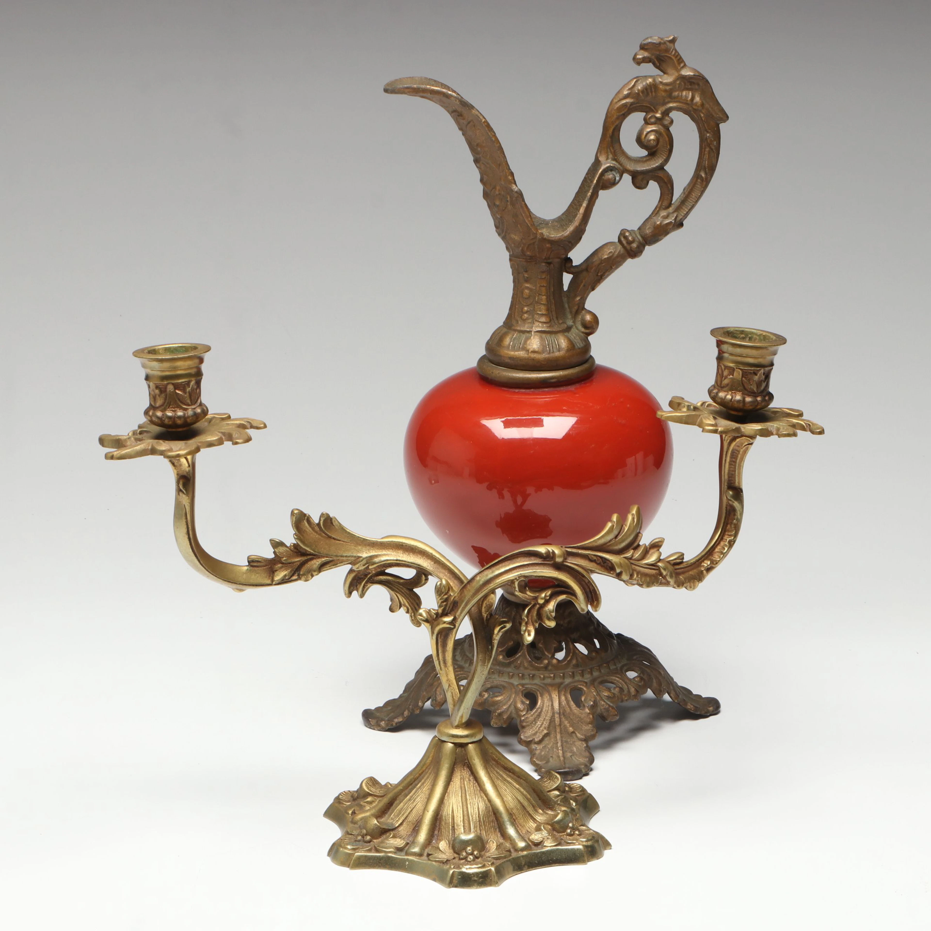 Rococo Style Brass Double-Arm Candelabra with Mantel Ewer