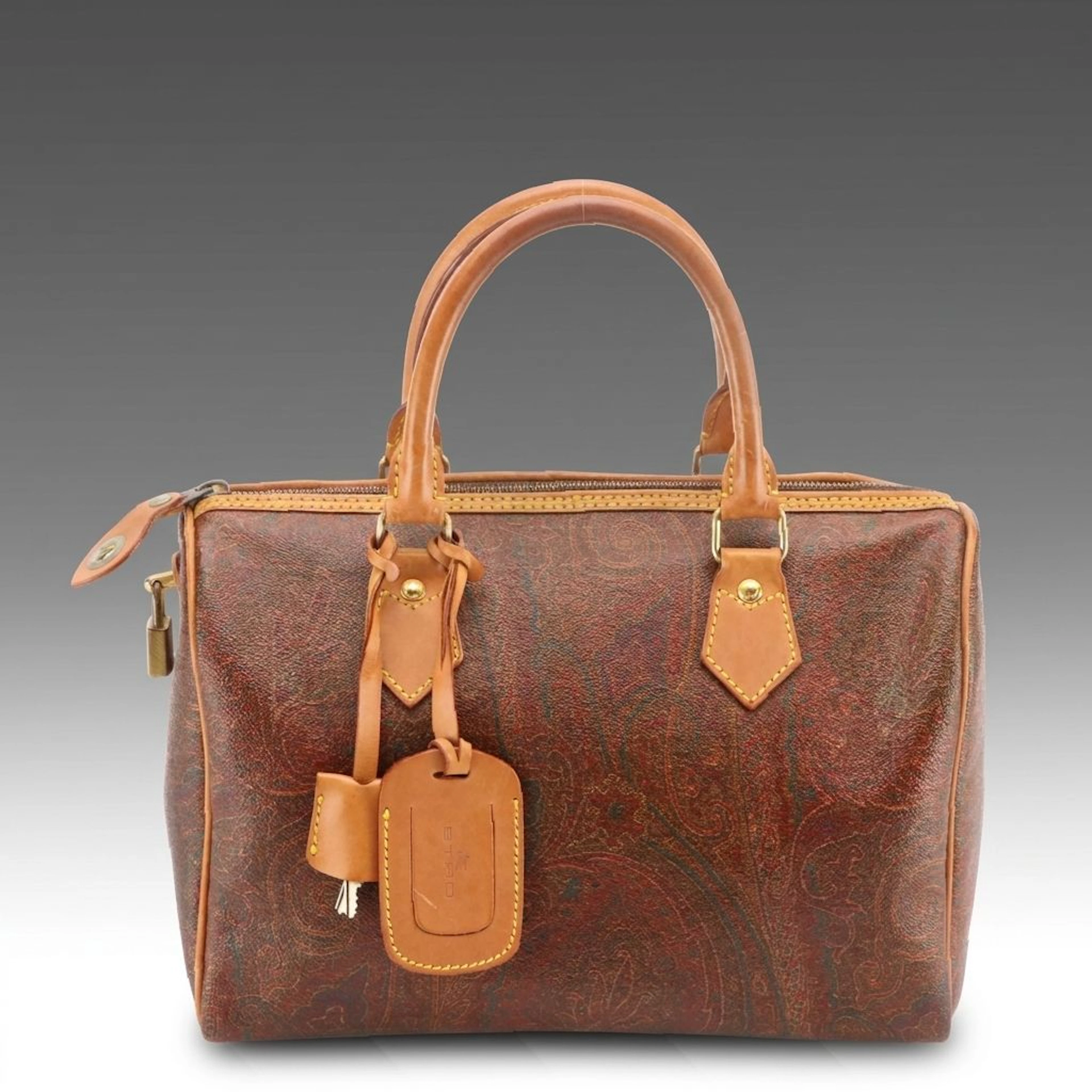 ETRO Boston Bag in Paisley Printed Coated Canvas and Brown Leather Trim