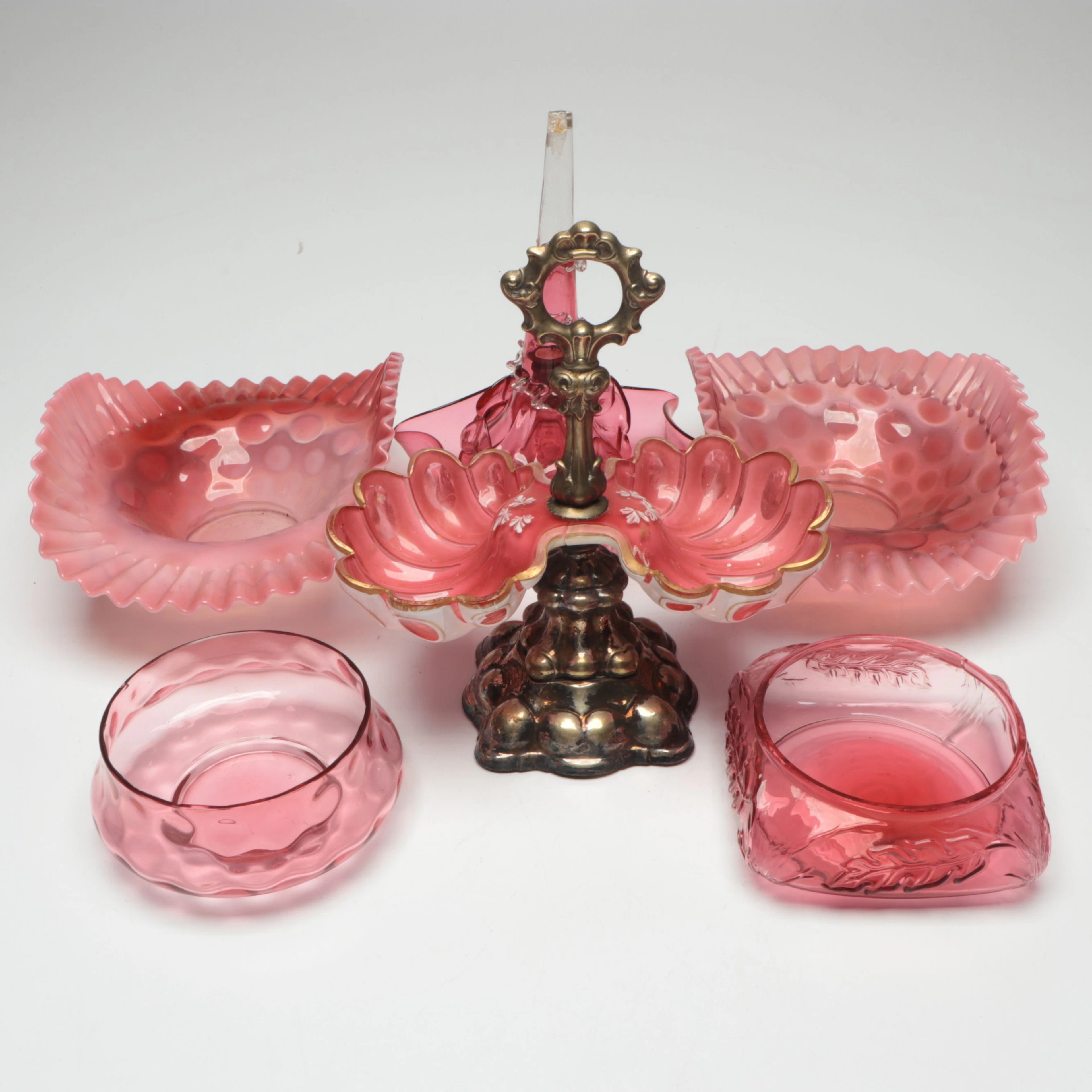 Fenton Cranberry Opalescent Coin Dot Ruffled Glass Bowls with Other Tableware