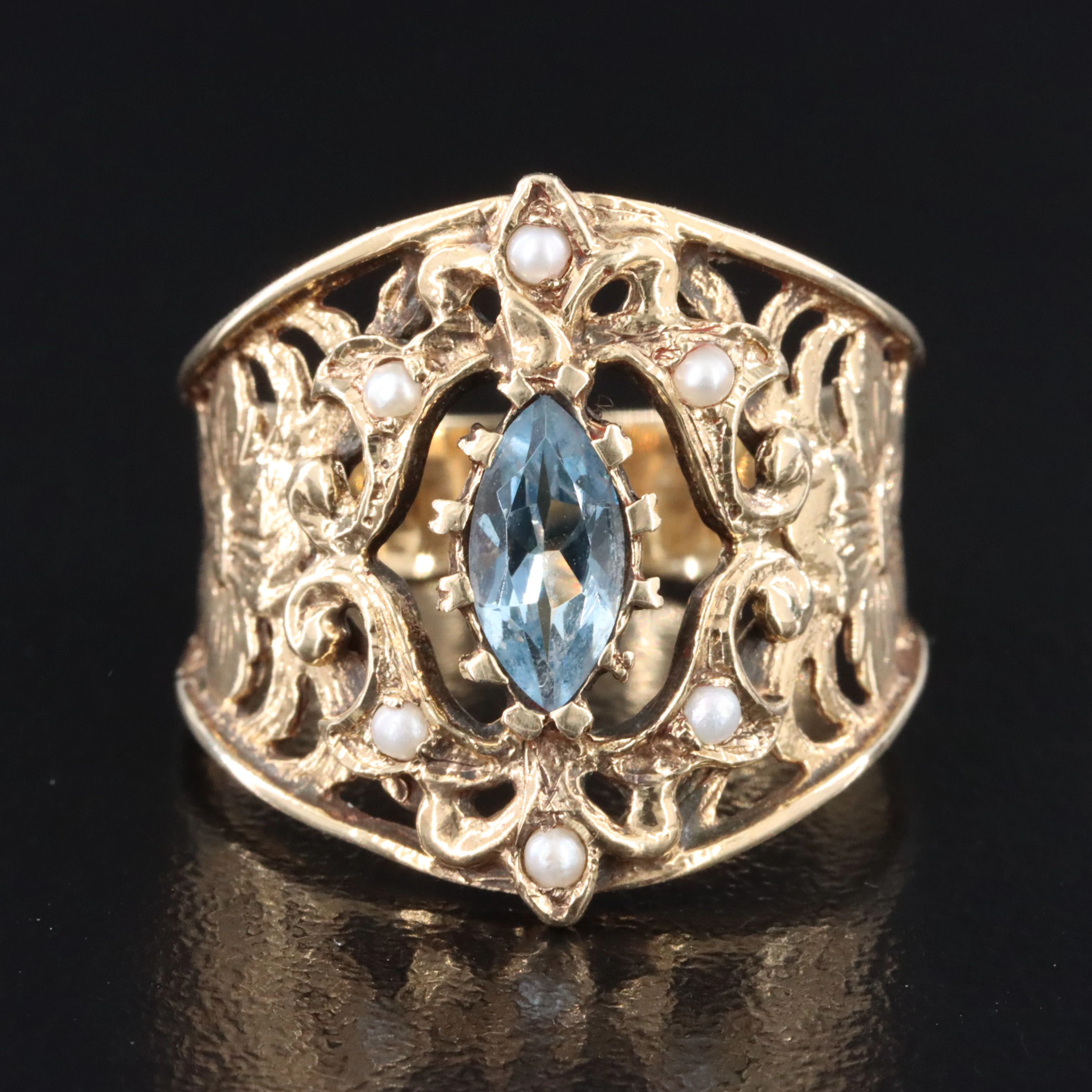 Antique 9K Aquamarine and Seed Pearl Ring