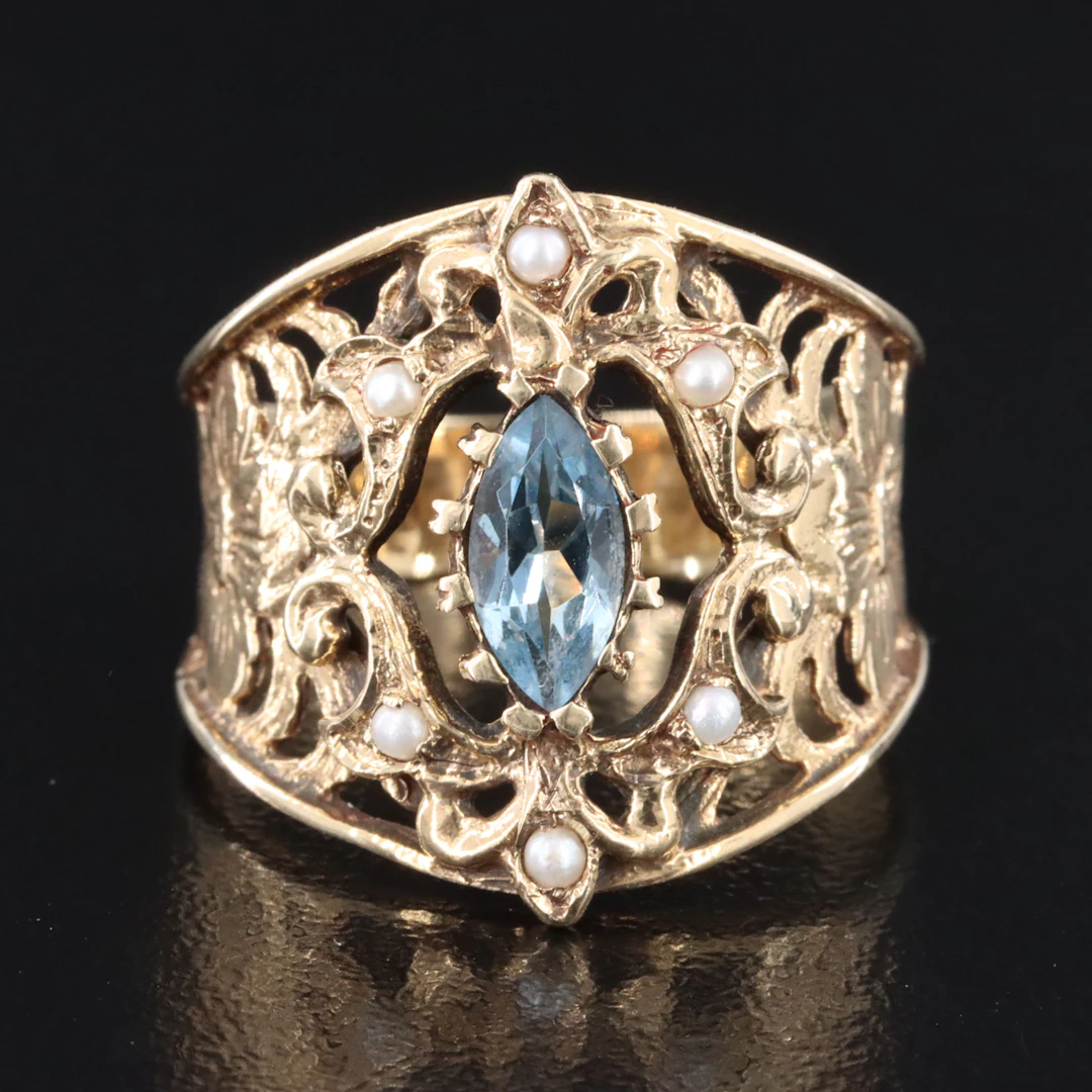 Antique 9K Aquamarine and Seed Pearl Ring