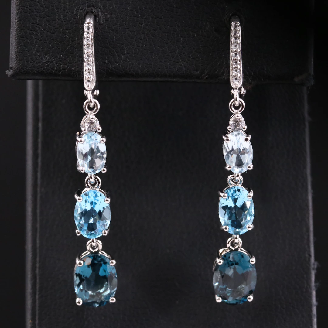 Sterling Blue Topaz and CZ Drop Earrings