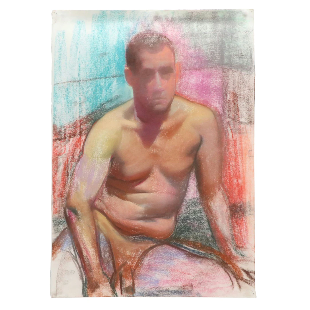 Larry Griggs Chalk Pastel Portrait of Seated Male Nude, Late 20th to 21st C.