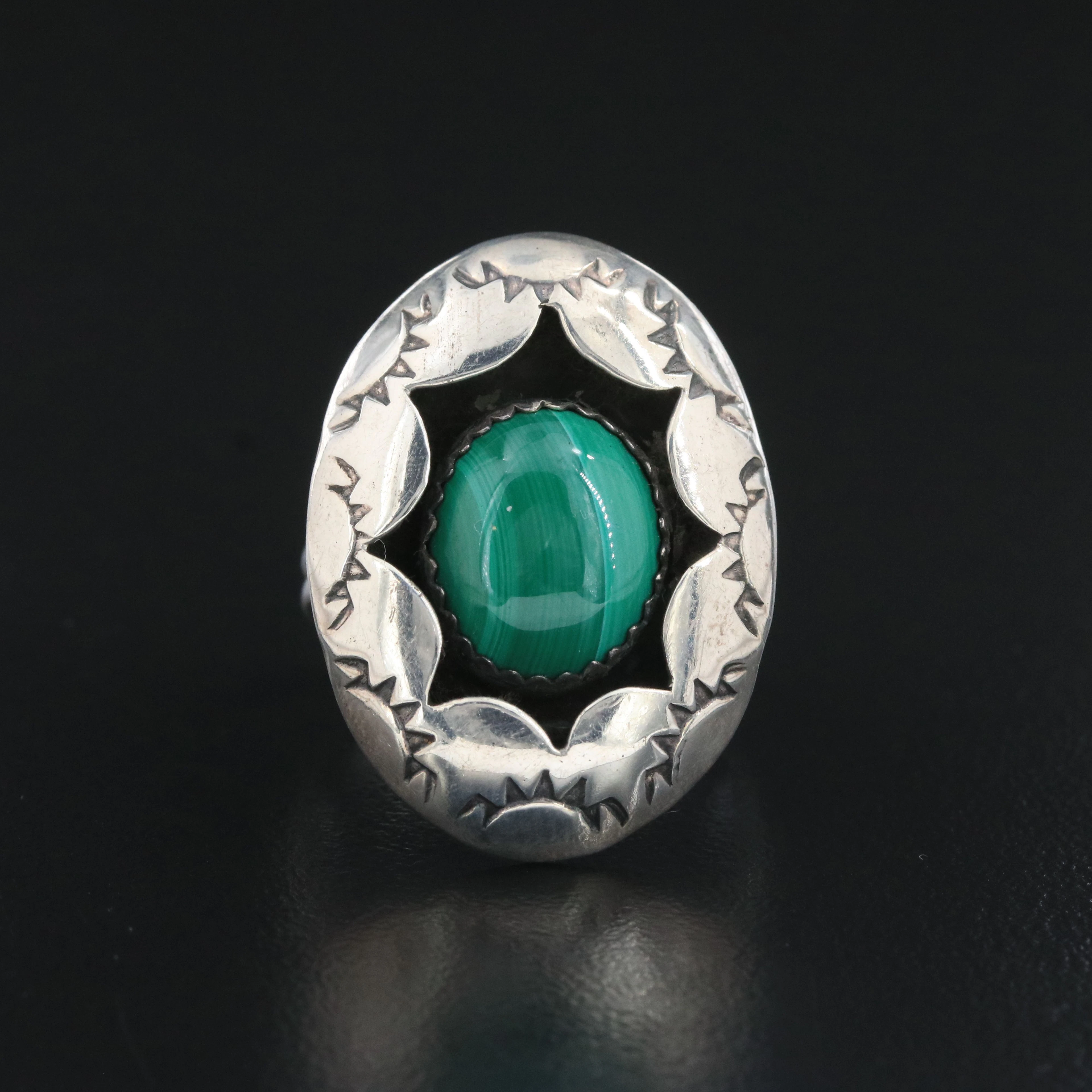Western Sterling Malachite Stampwork Shadowbox Ring