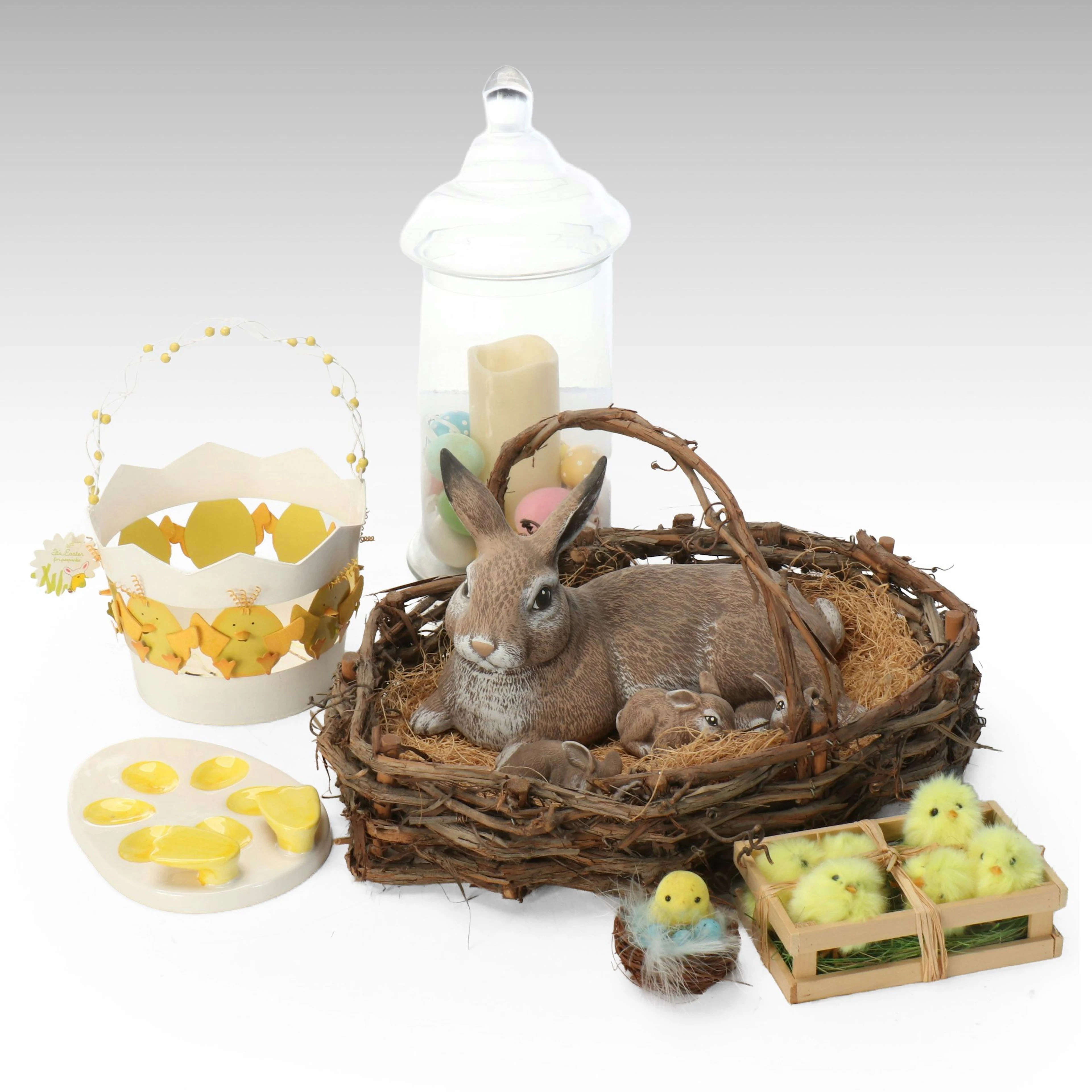 Rustic Ceramic Rabbit and Bunnies in Wicker Basket with More Easter Décor
