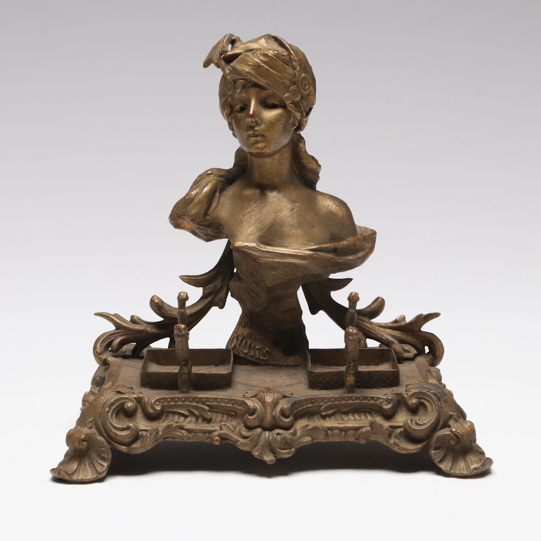 Art Nouveau "Mille et Une Nuits" Cast Metal Inkwell Stand and Pen Holder