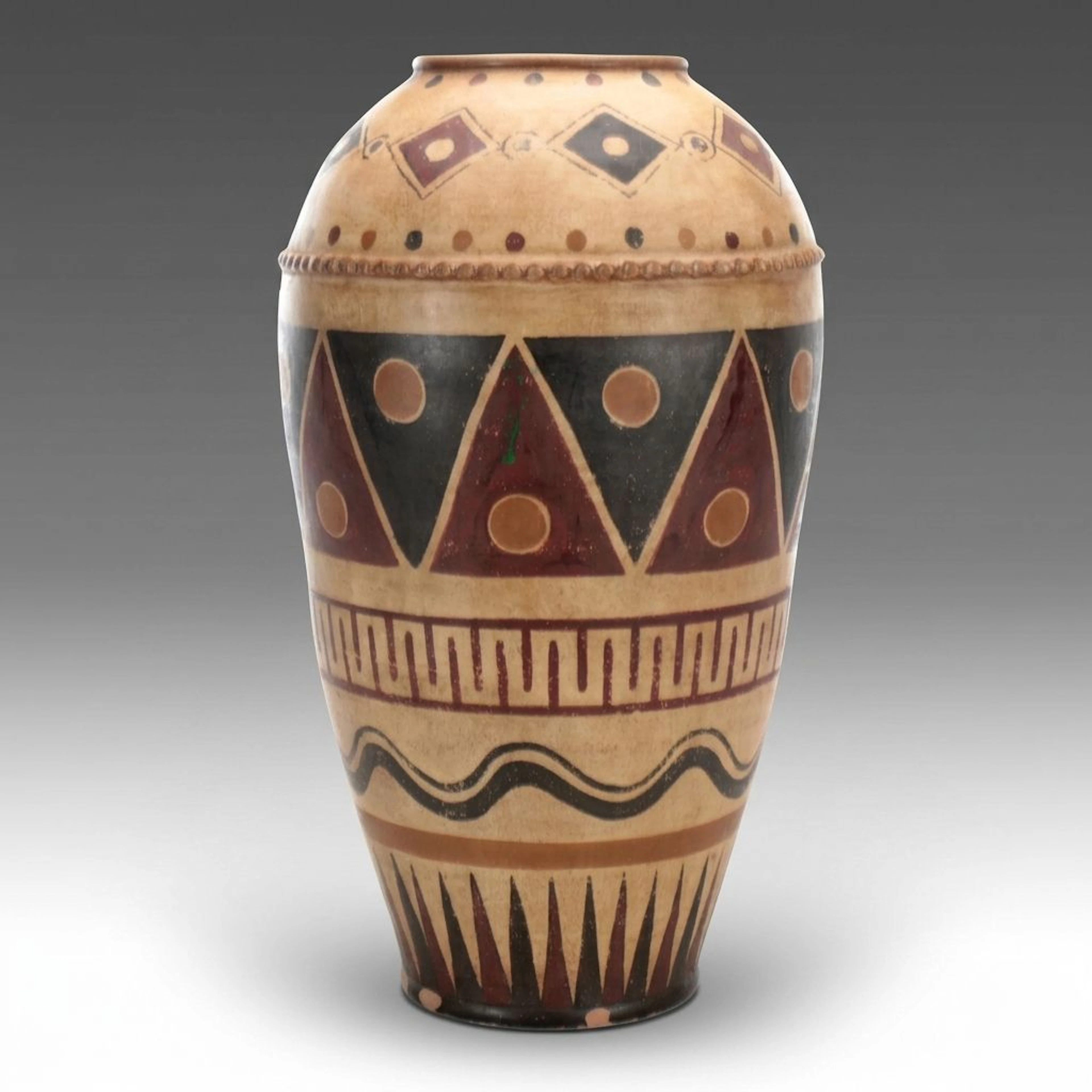 Rustic Primitive Paint Decorated Stoneware Vessel