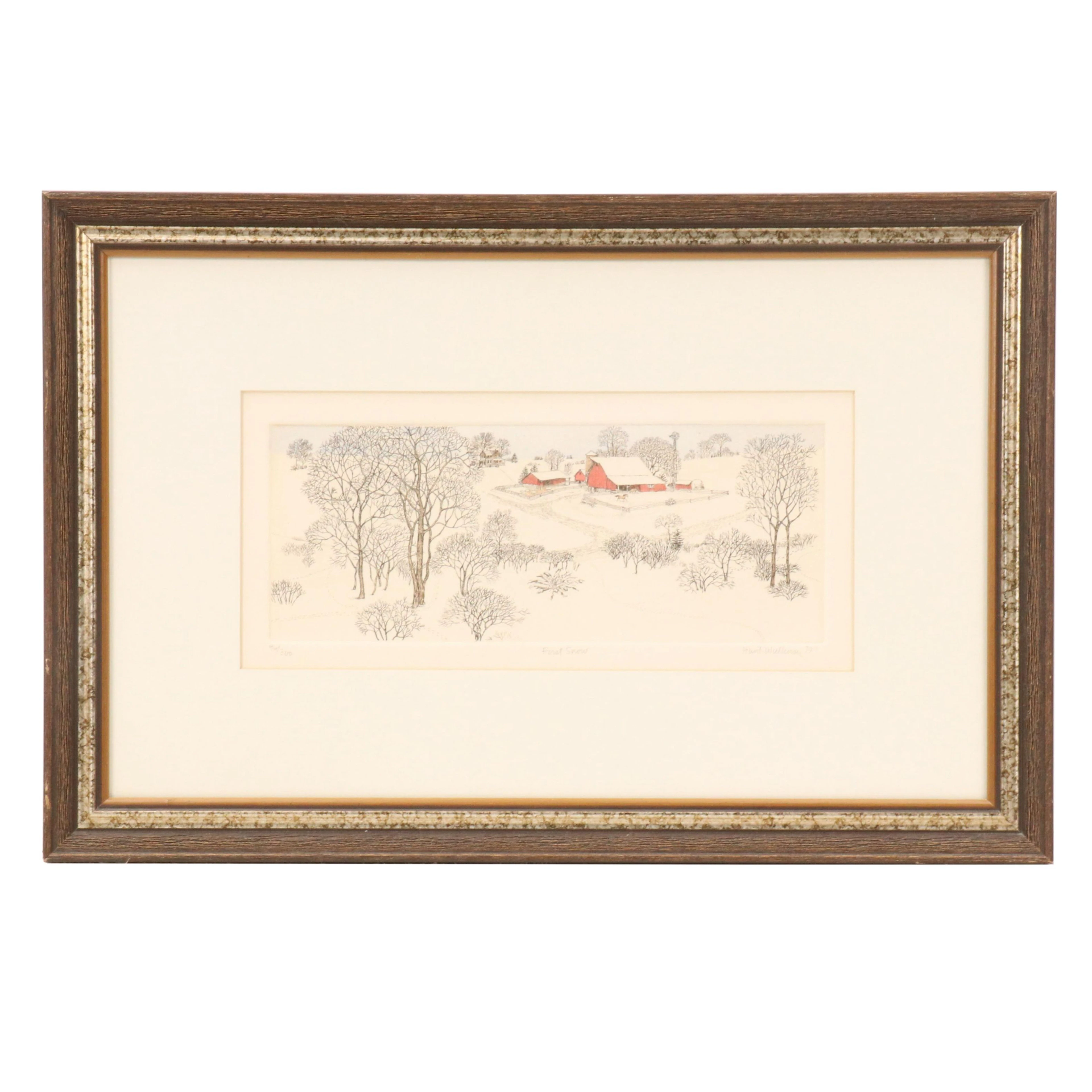 Susan Hunt-Wulkowicz Hand-Colored Winter Landscape Etching "First Snow"
