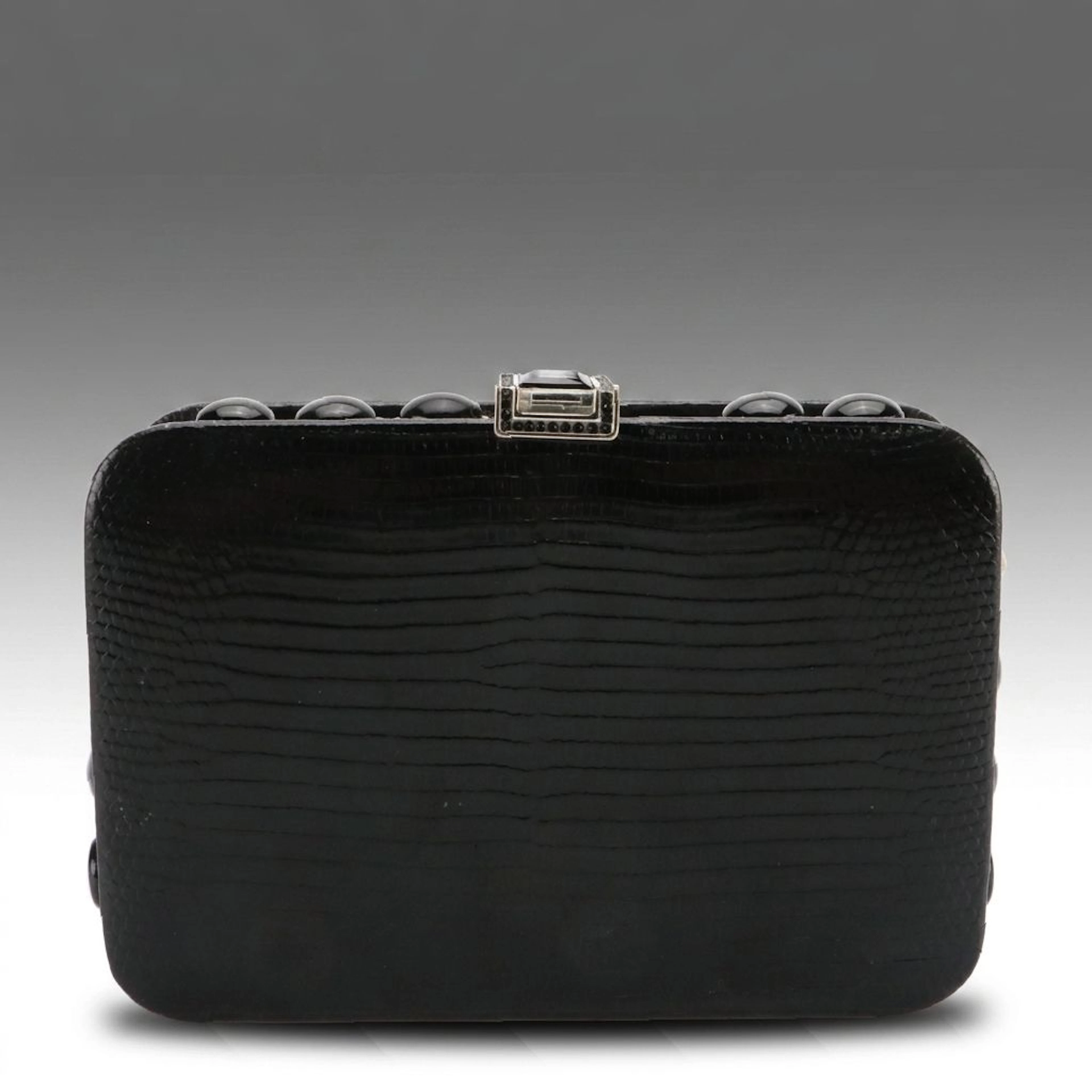 Judith Leiber Lizard Skin Box Clutch with Gemstone Studs