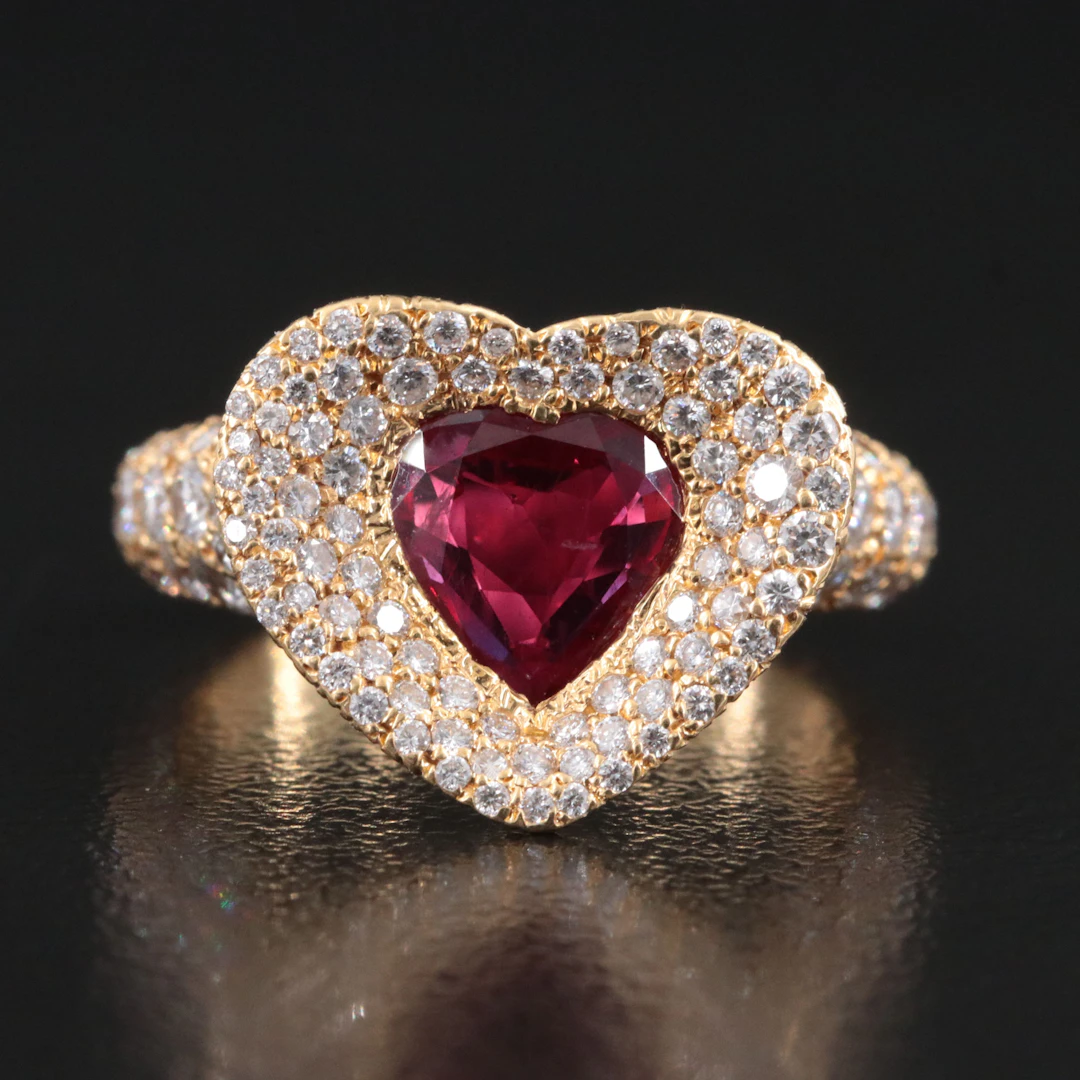 18K 0.54 CT Thai Ruby and 2.50 CTW Pavé Diamond Heart Eternity Ring, GIA Report