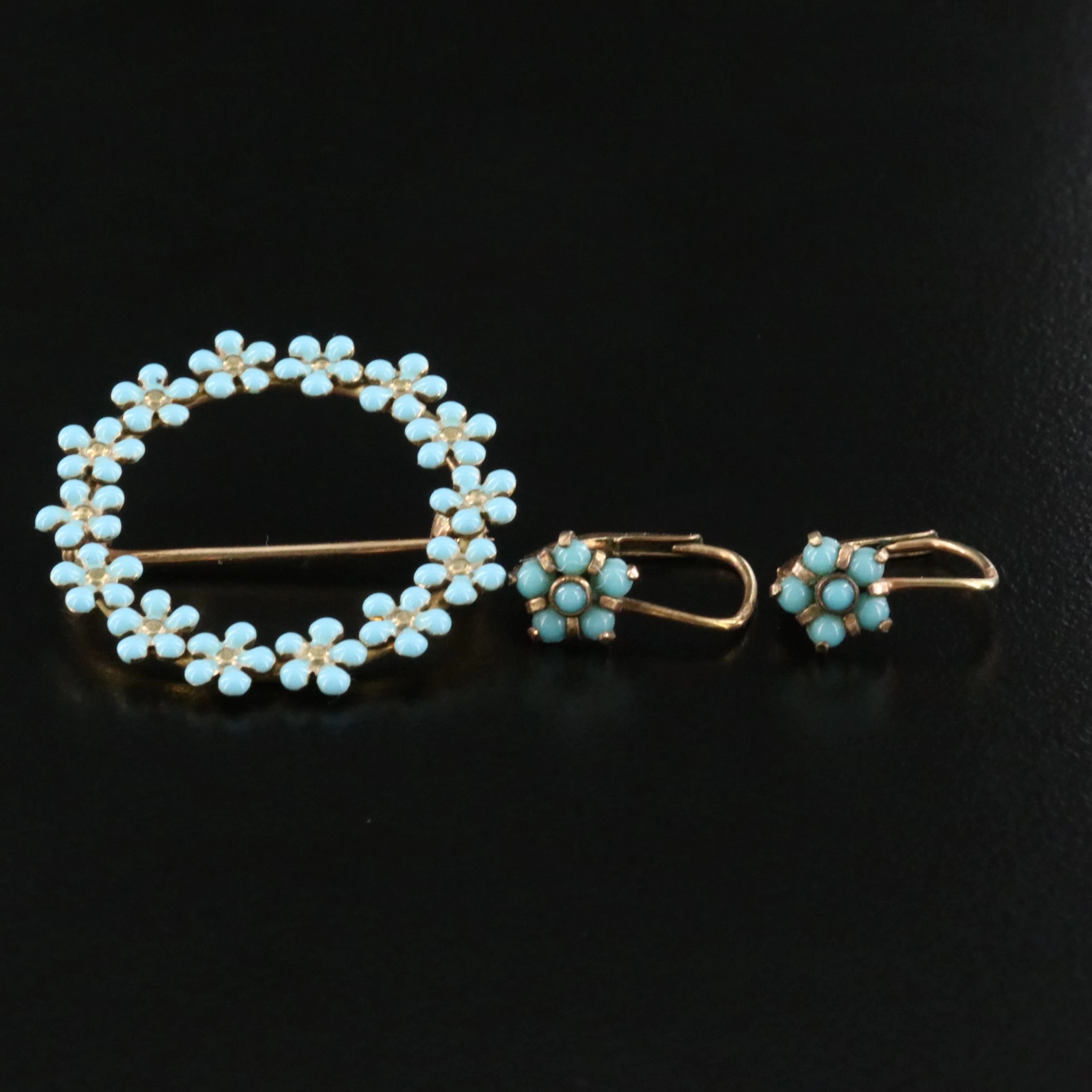 Vintage 14K Enamel and Glass Forget-Me-Not Wreath Brooch and Earrings