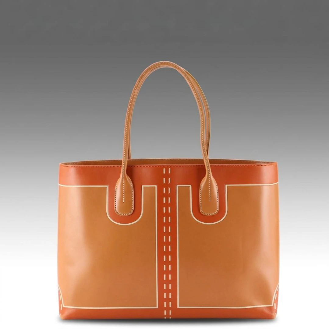 Tod's Top Handle Tote in Brown and Orange Leather with Contrasting Stitch Desgn