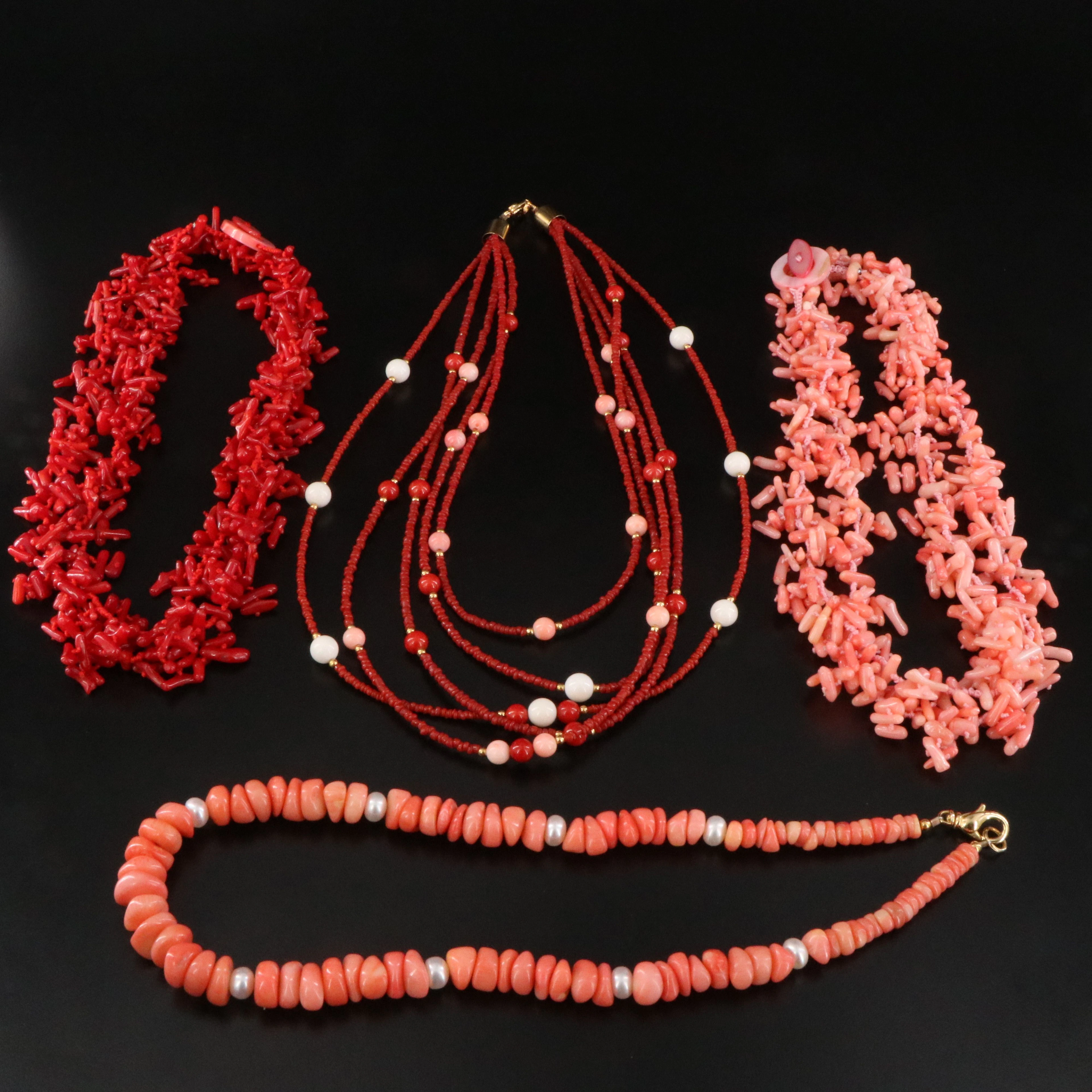 Coral Necklaces with Pearl and Mother-of-Pearl Accents
