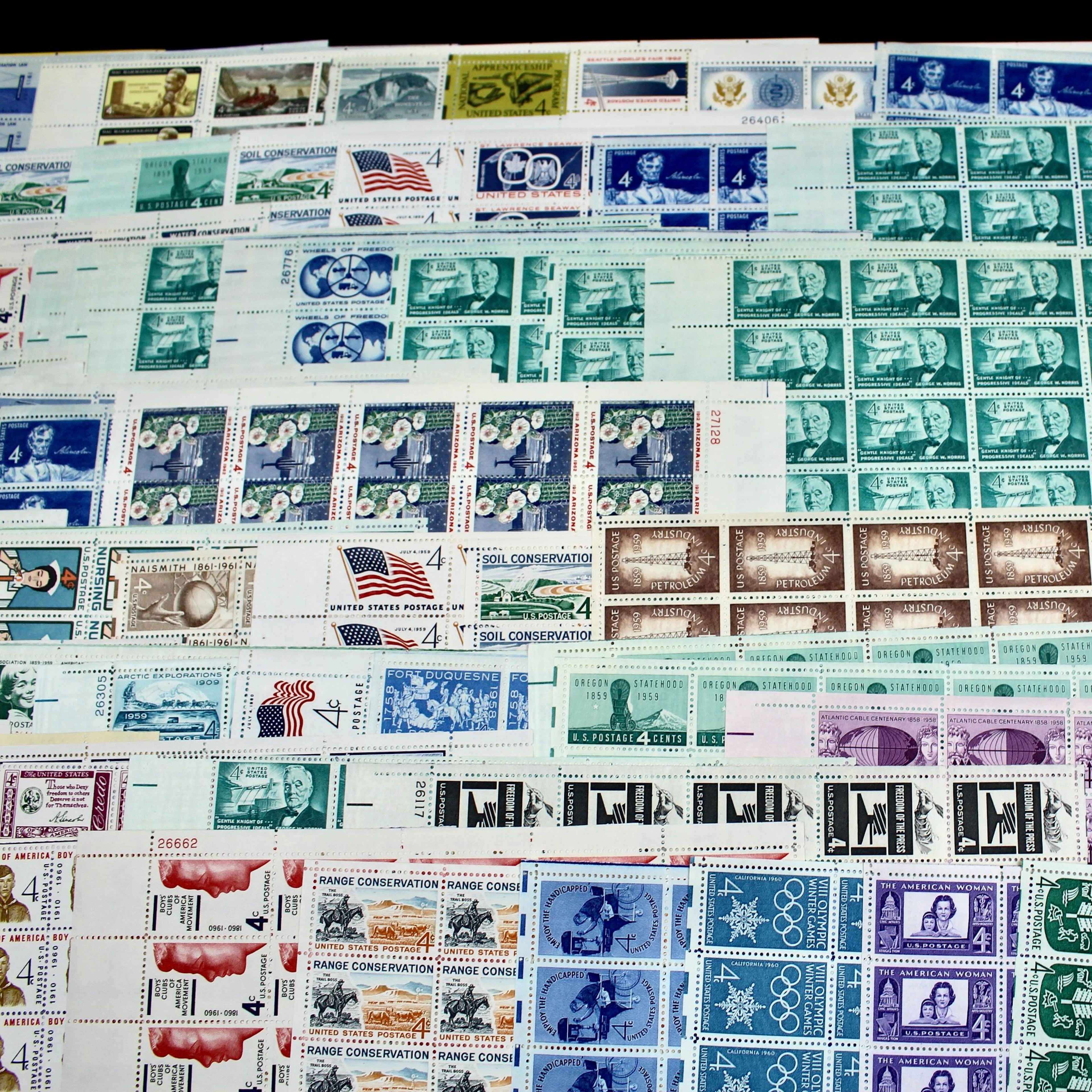 Eighty-Five U.S. 4-Cent Postage Stamp Sheets: 1950s-1960s