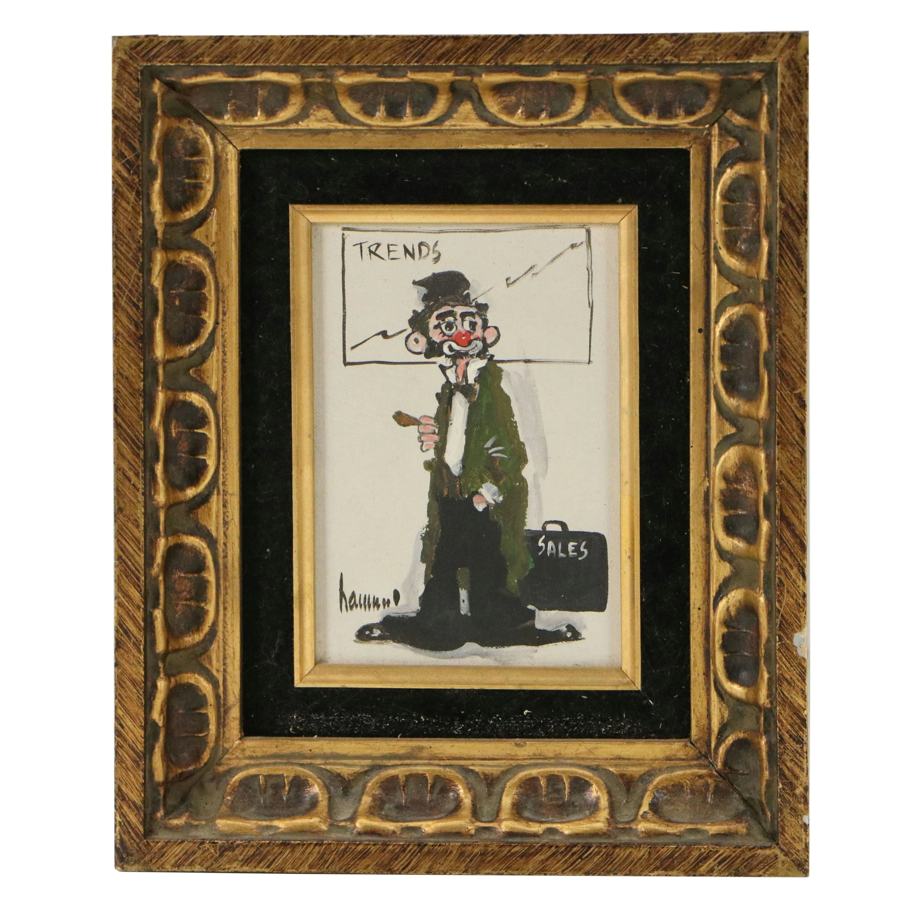 Hammond Oil Painting of Clown Caricature "Bull Market Bus," Mid-20th Century