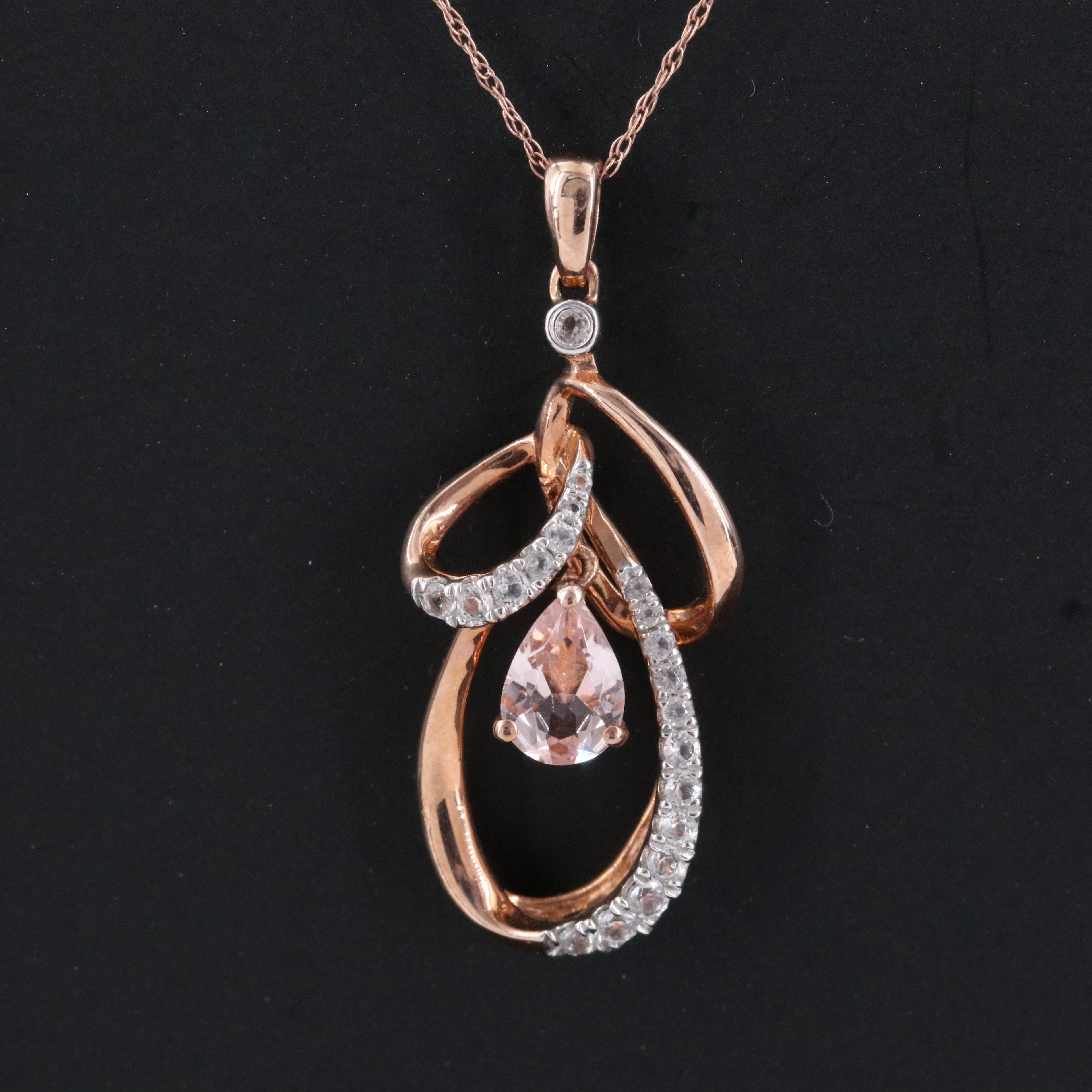 10K Rose Gold Morganite and White Topaz Drop Pendant Necklace