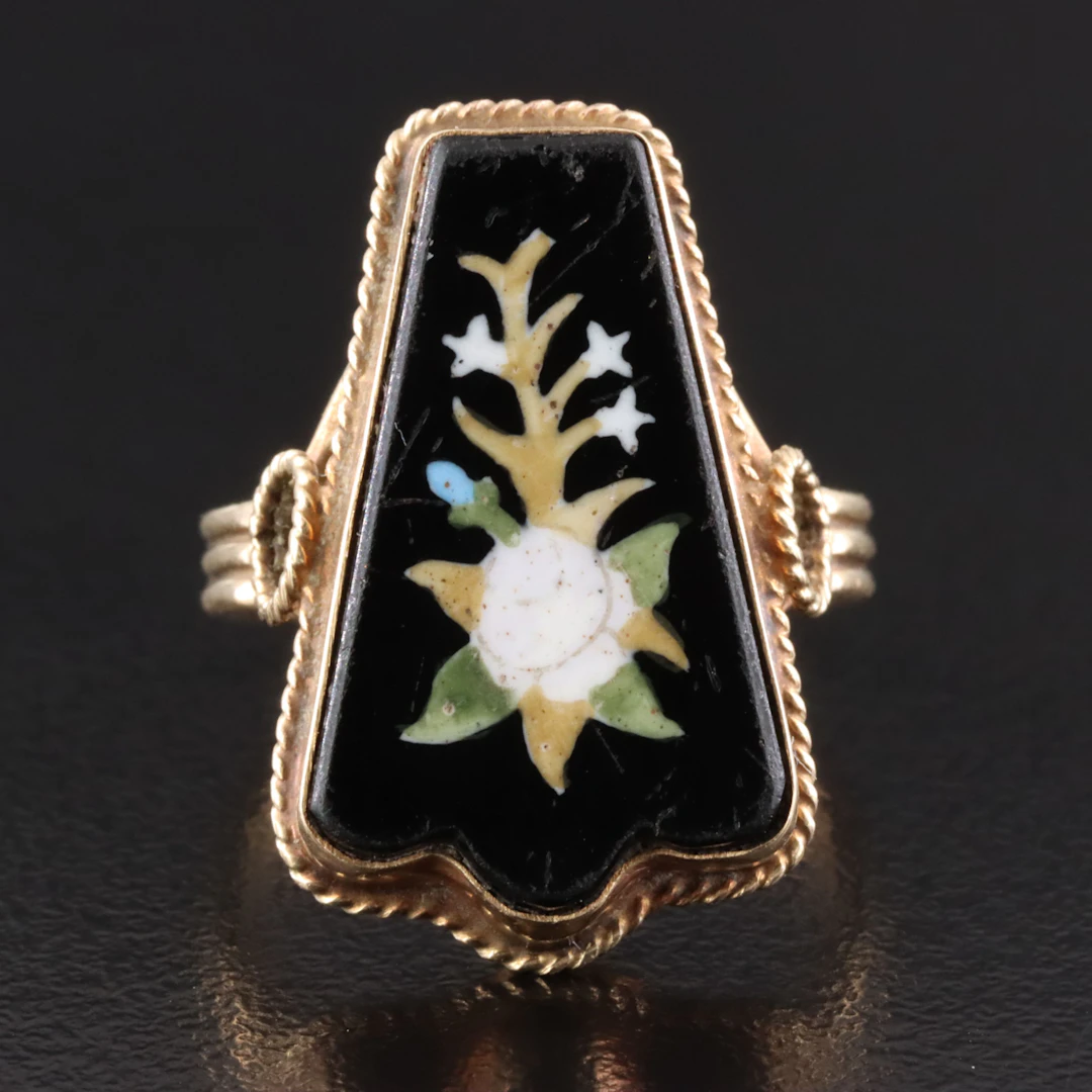 Antique 14K Pietra Dura Flower Ring