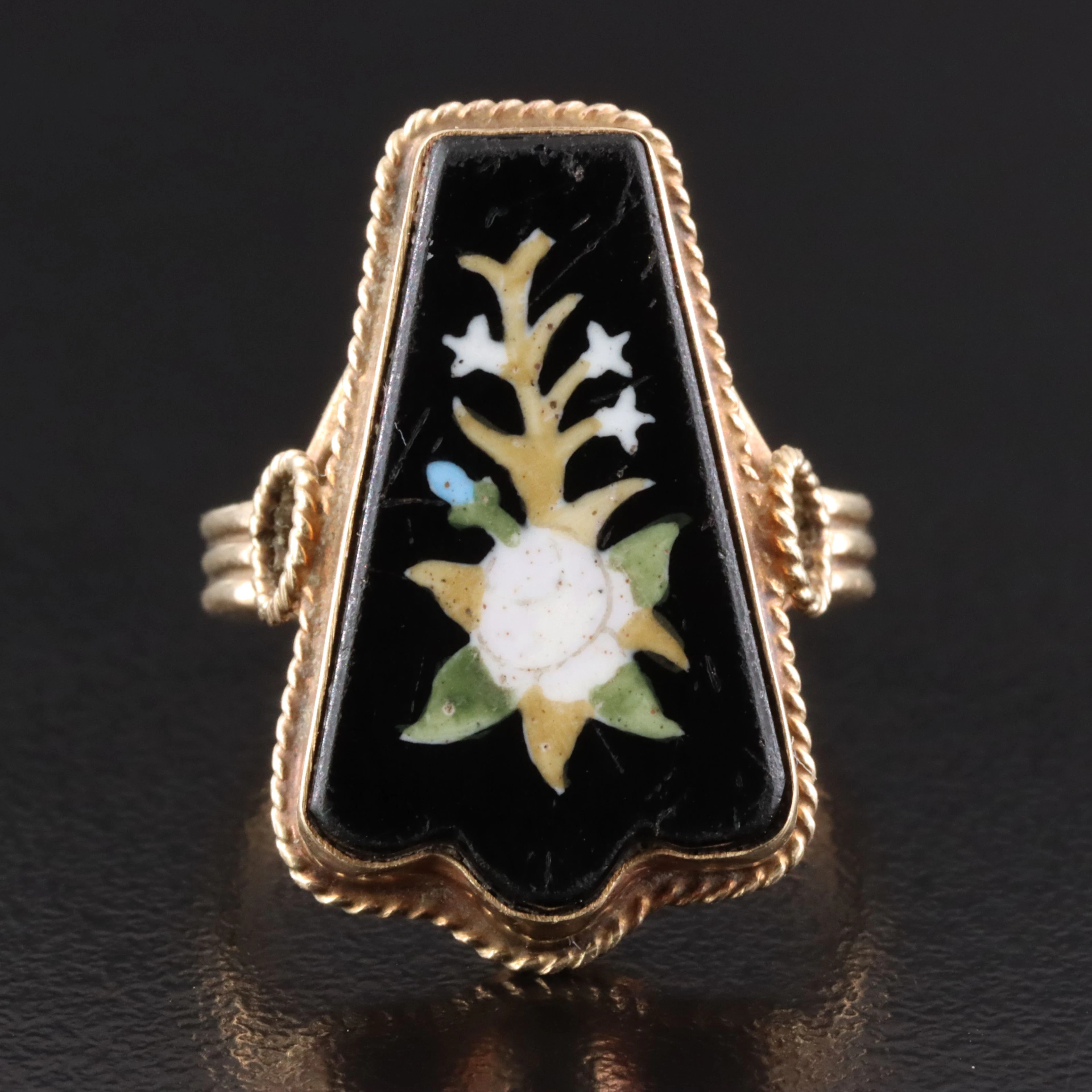 Antique 14K Pietra Dura Flower Ring