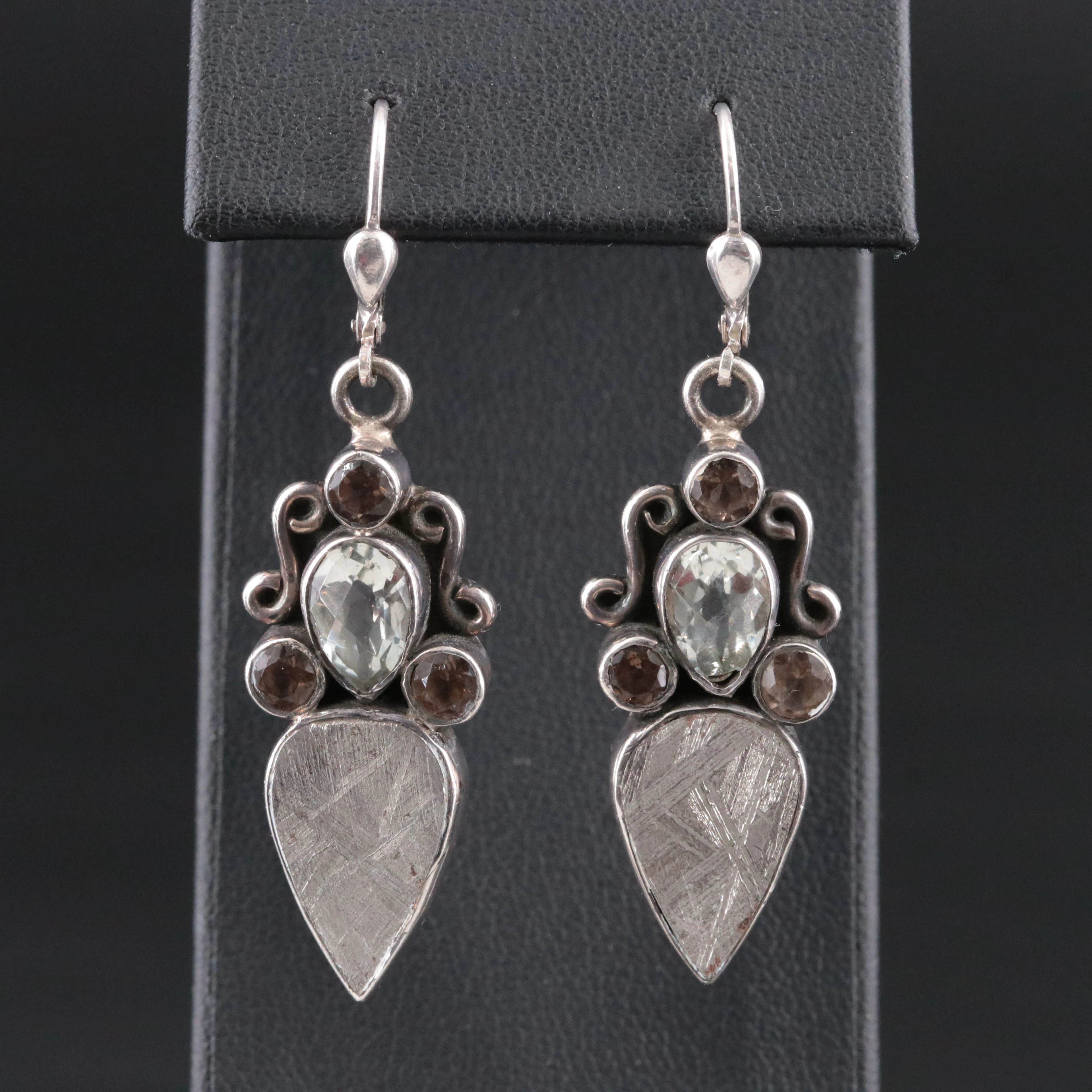 Sterling Drop Earrings with Meteorite, Rock Crystal Quartz, and Smoky Quartz