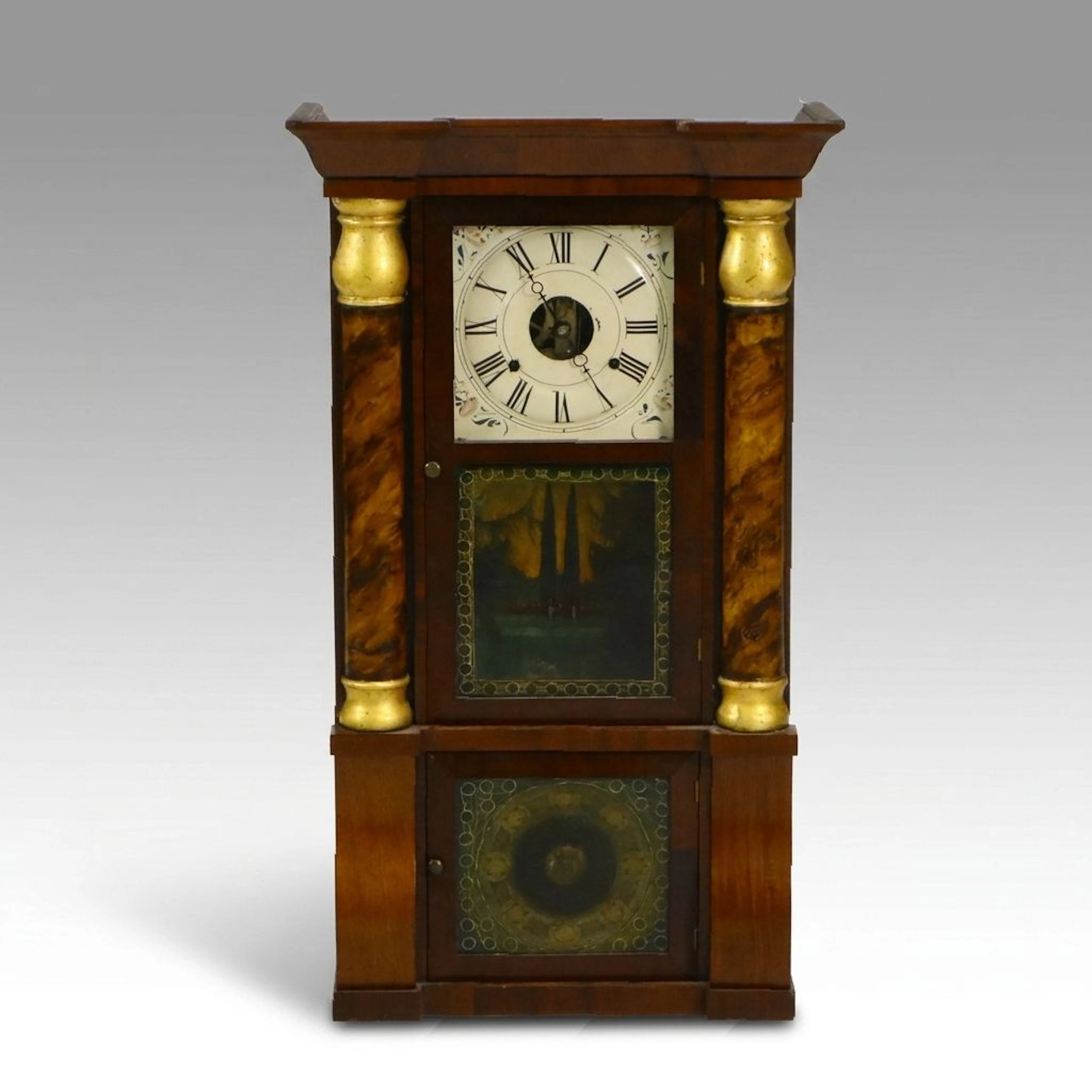 Seth Thomas American Empire Style Triple-Decker Clock with Reverse Glass Panels