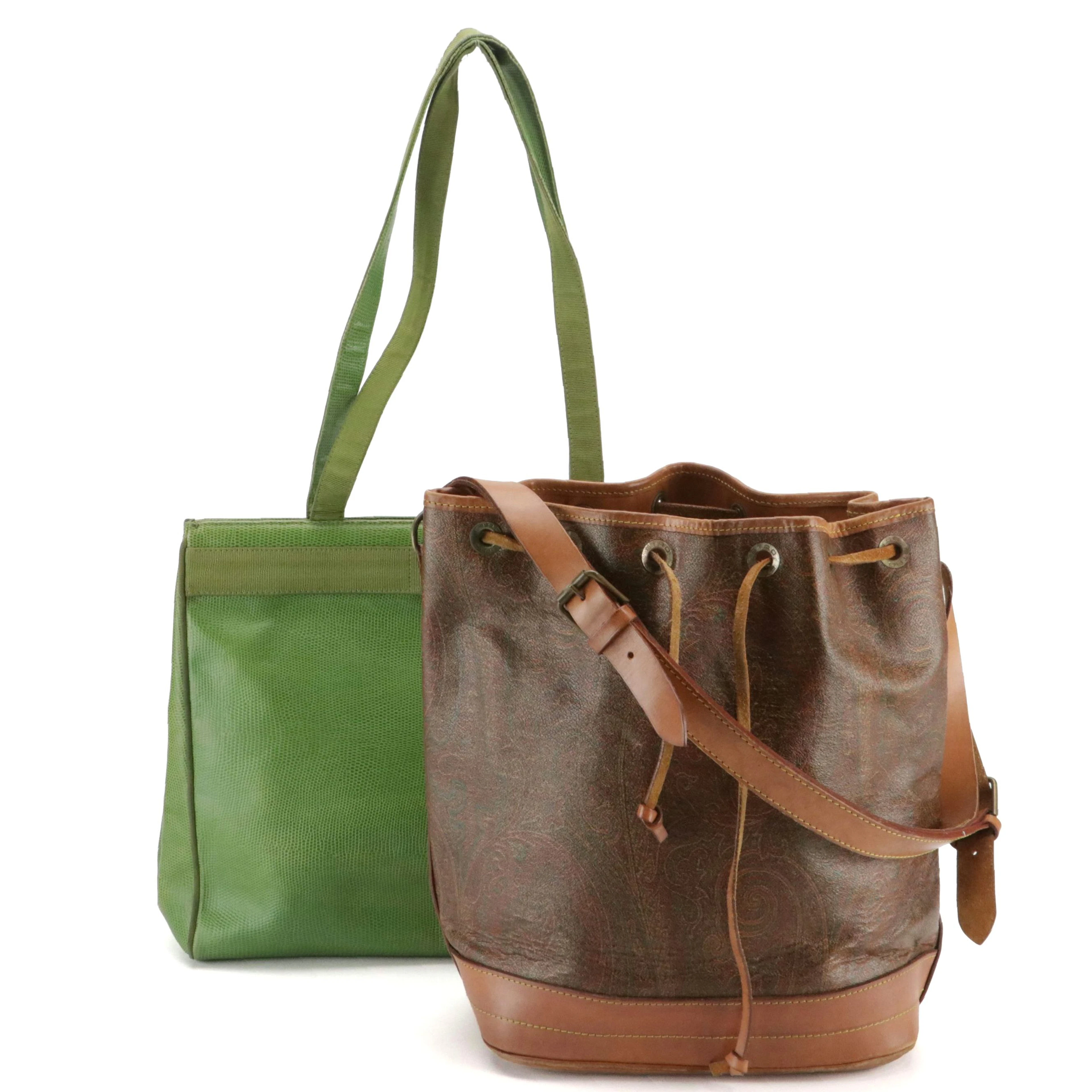 Salvatore Ferragamo Green Lizard Embossed Leather & Etro Paisley Bucket Totes