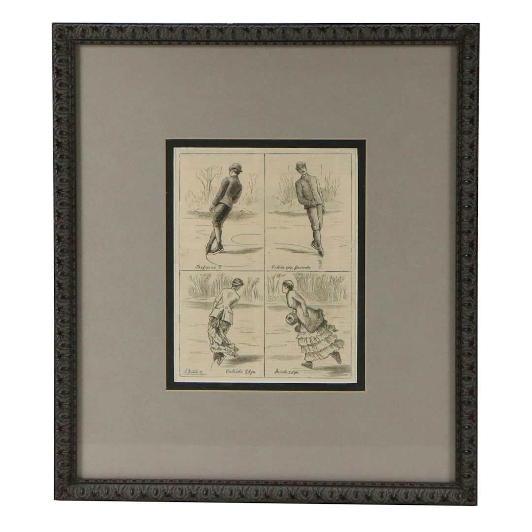 Victorian Era Figure Skating Instructional Wood Engraving, Late 19th Century