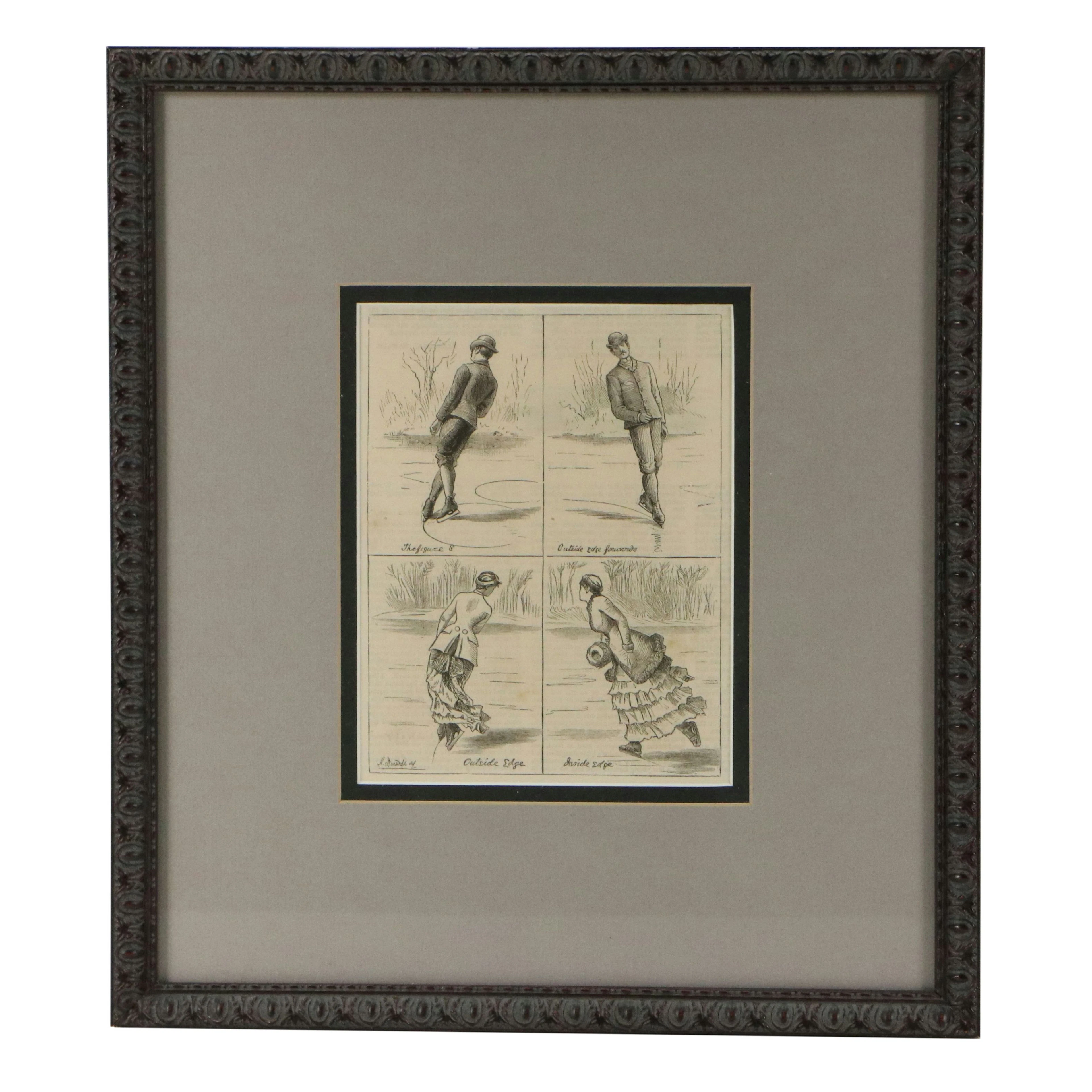 Victorian Era Figure Skating Instructional Wood Engraving, Late 19th Century