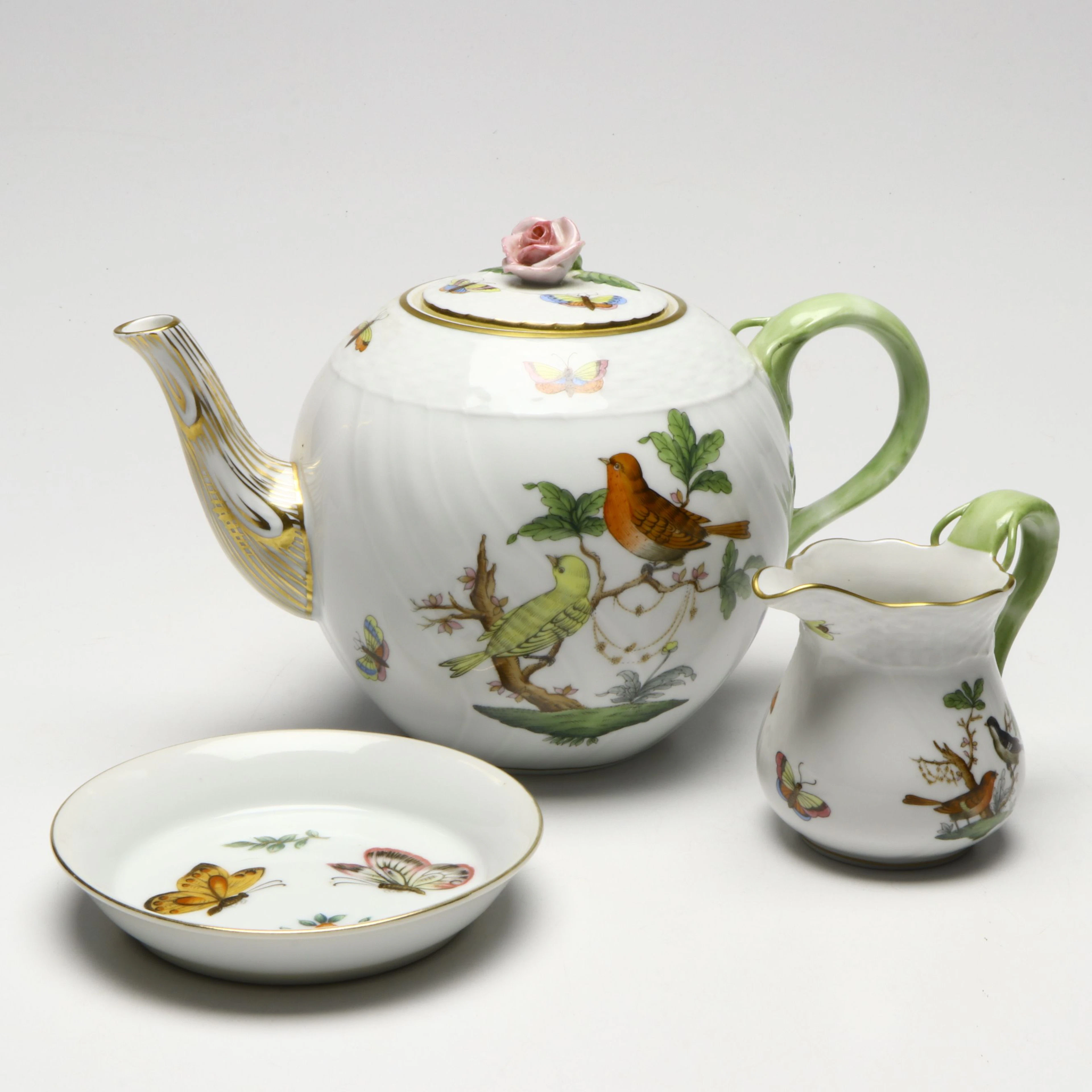 Herend "Rothschild Bird" Hand-Painted Porcelain Tea Pot and Creamer with Dish