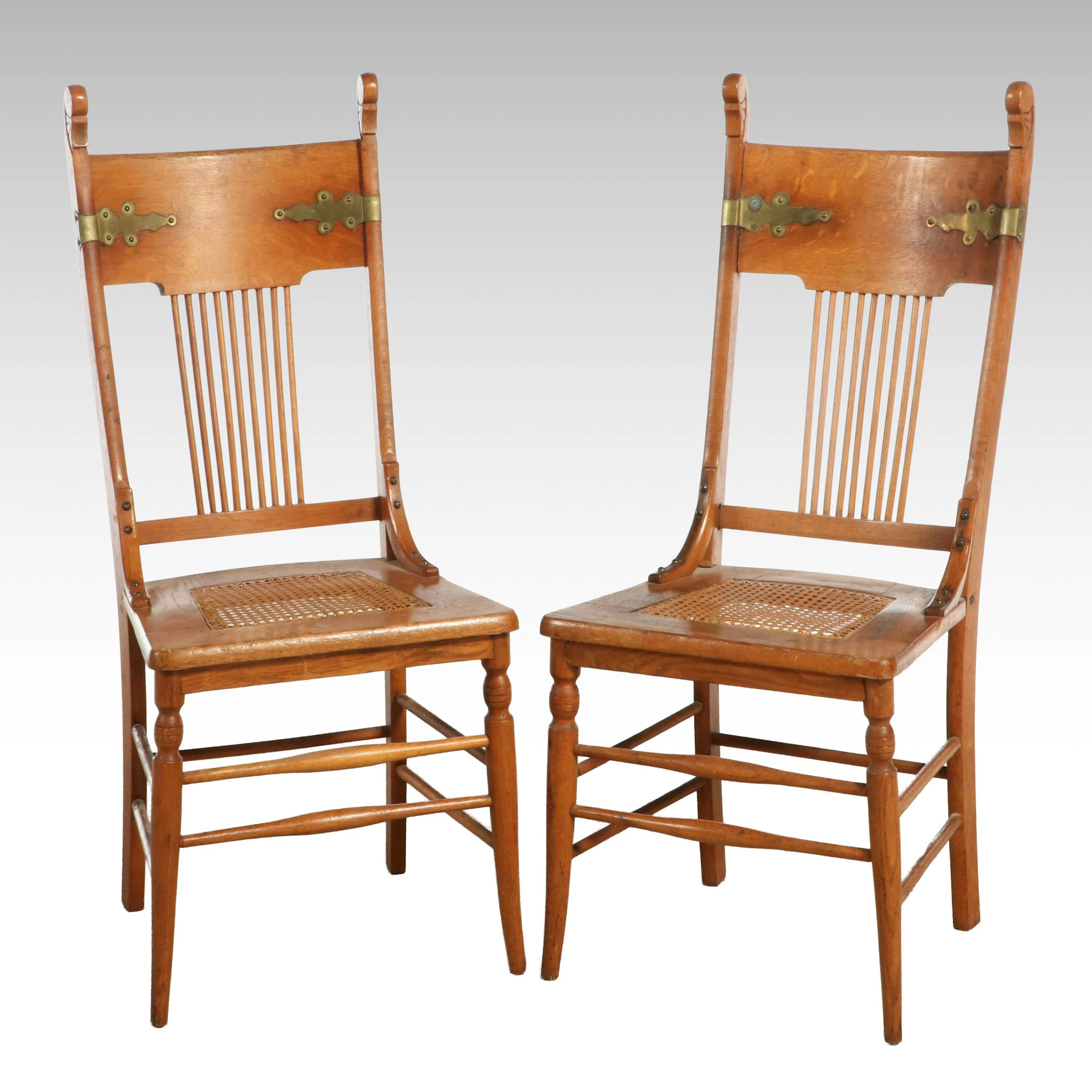 Pair of Arts and Crafts Pressed Oak Side Chairs with Woven Cane Seats